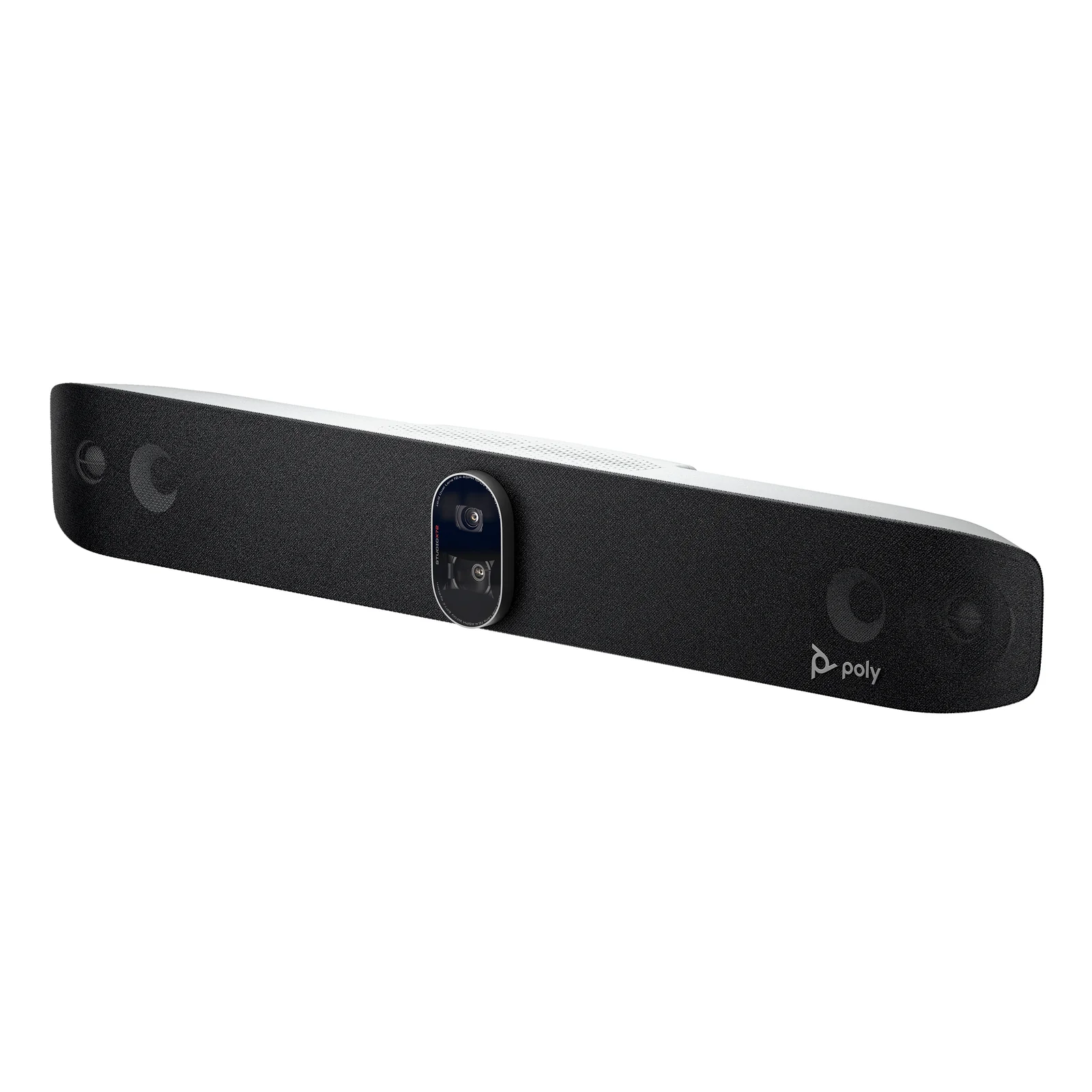 HP Poly Studio X72 vue en angle trois quarts avant droit, module caméra double visible et façade tissu acoustique noir avec logo Poly