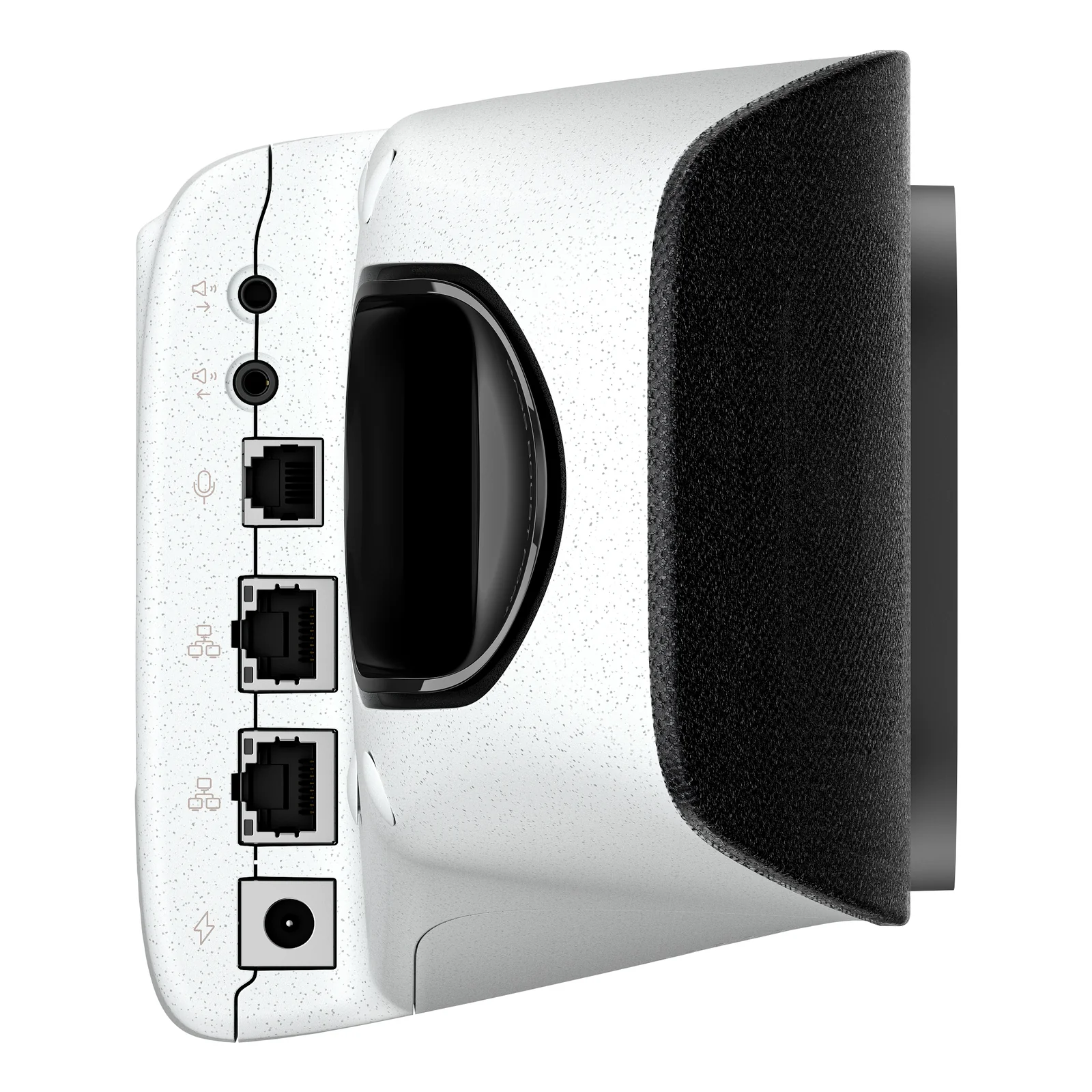 Panneau arrière gauche de la HP Poly Studio X72, ports Ethernet RJ-45 et connectique arrière sur coque blanche et tissu acoustique noir