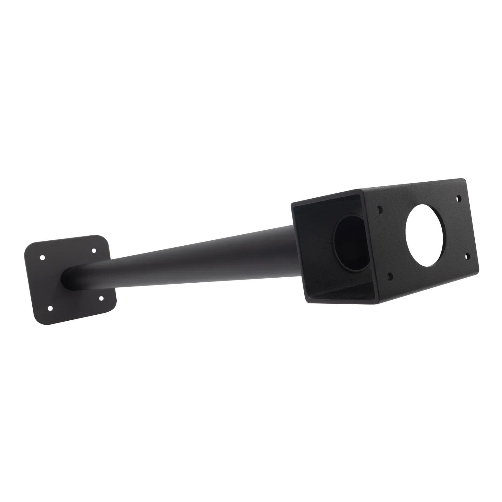 Support plafond HP Poly Studio E60 assemblé en angle, tige noire avec platine murale et boîtier d'accueil caméra carré