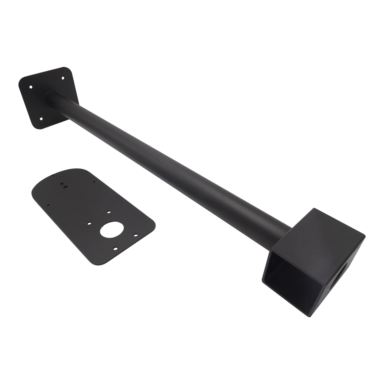 Composants du kit fixation plafond HP Poly Studio E60 dépliés, tige tubulaire noire, platine plafond carrée et plaque adaptateur caméra