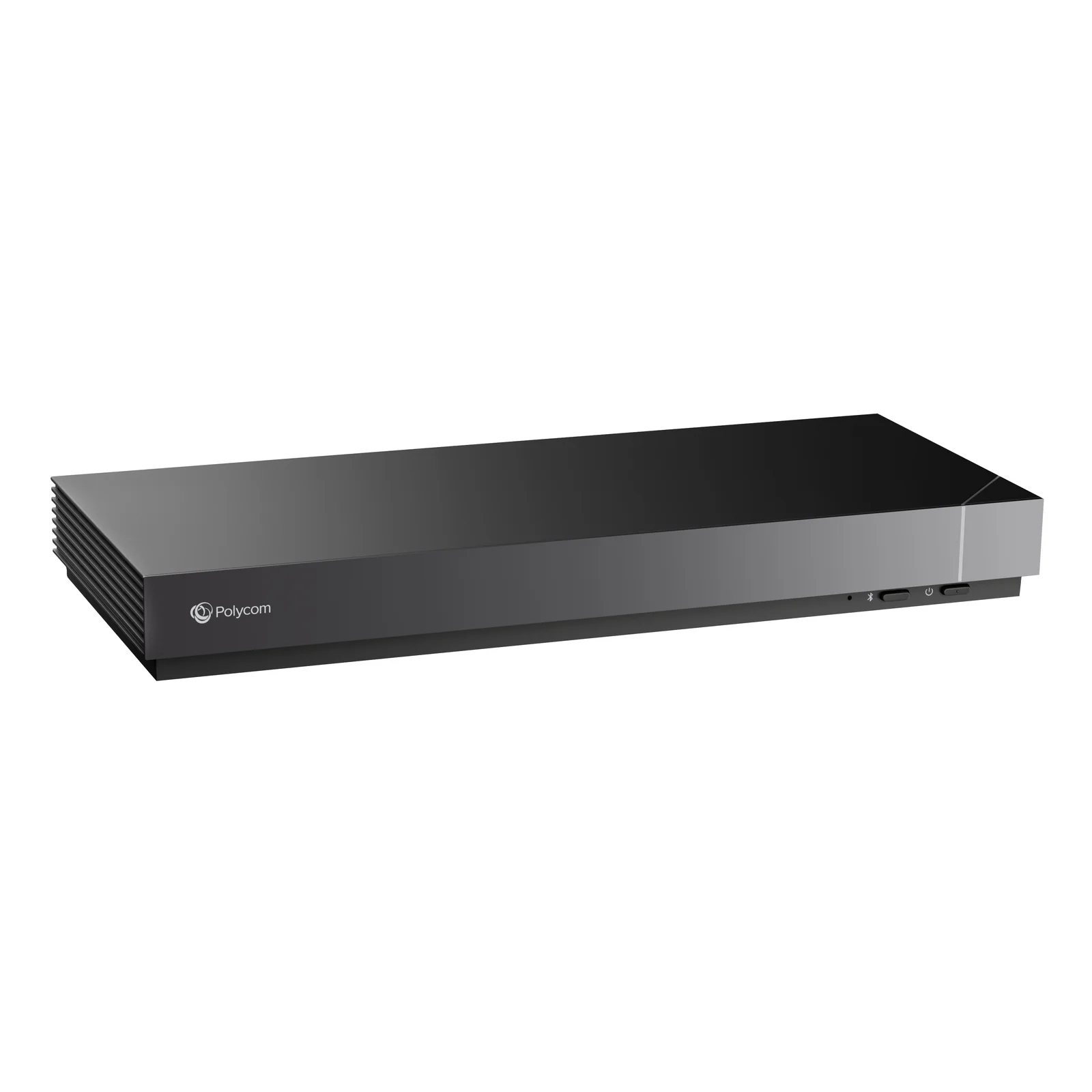 Codec Poly G7500 en boîtier noir plat avec logo Polycom et boutons Bluetooth et alimentation sur la tranche avant, vue 3/4 gauche sur fond blanc