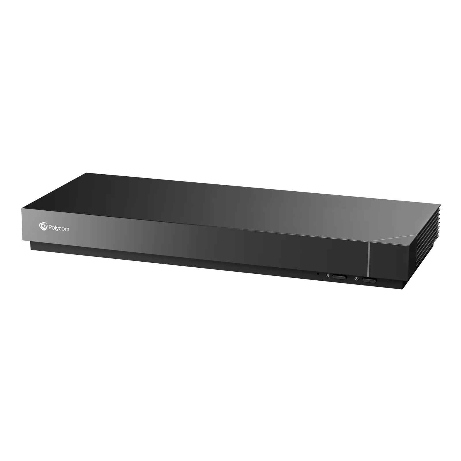 Codec Poly G7500 en boîtier noir plat vu de l'avant-droit, tranche avant avec indicateurs Bluetooth et alimentation visibles sur fond blanc