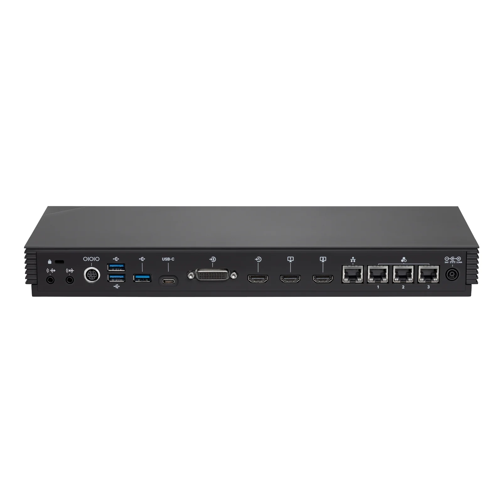 Panneau arrière du codec Poly G7500 montrant les ports USB-A, USB-C, DVI, HDMI, RJ45 et le connecteur d'alimentation 54V sur fond blanc