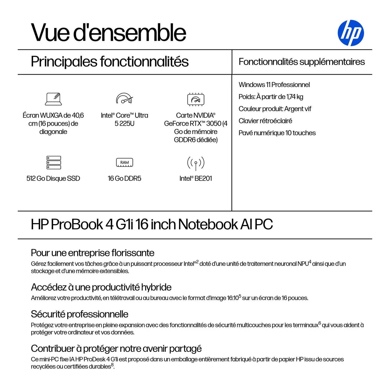HP ProBook 4 G1i AI Intel Core Ultra 5 225U Ordinateur portable 40,6 cm (16") WUXGA 16 Go DDR5-SDRAM 512 Go SSD Wi-Fi 7 (802.11be) Windows 11 Pro AI PC Argent