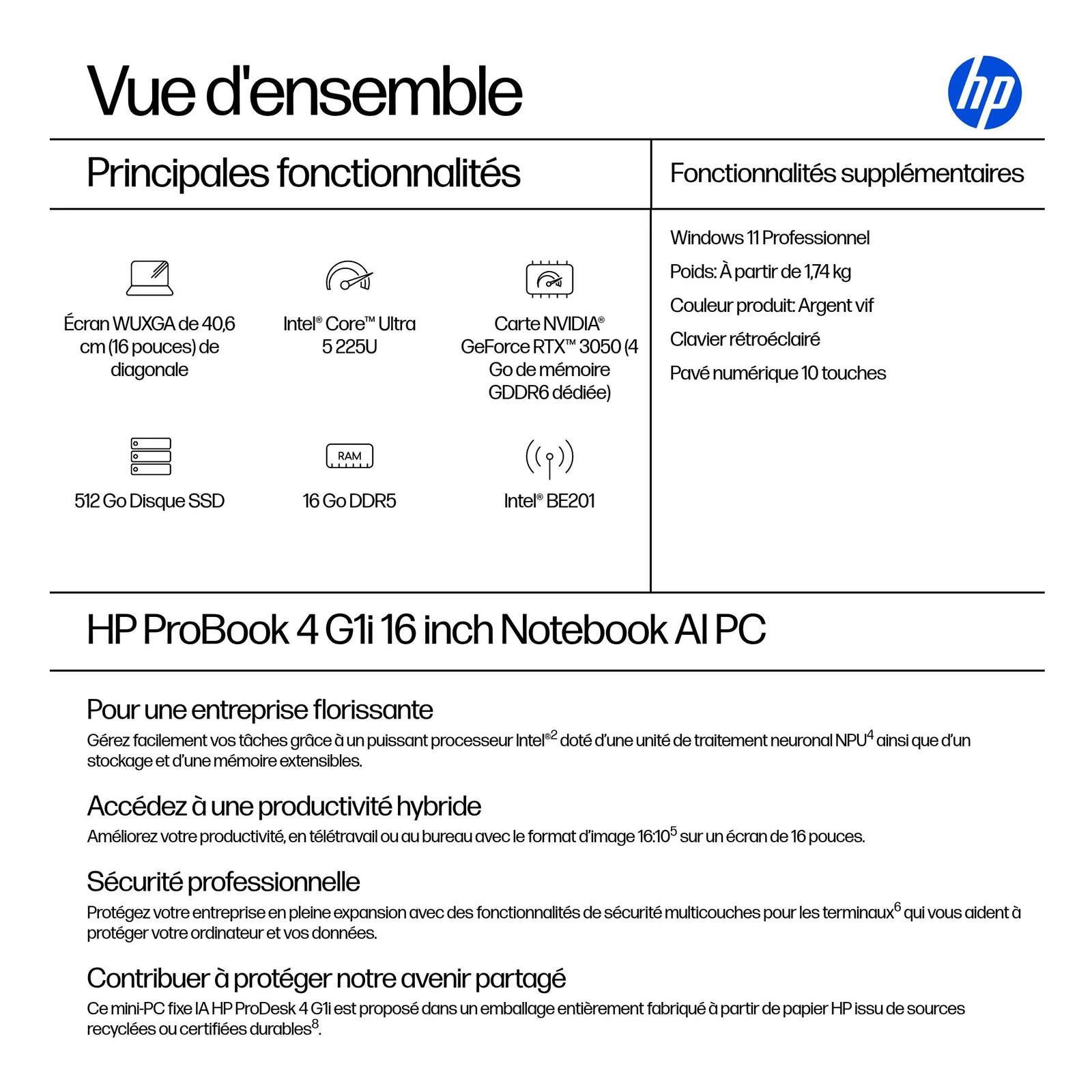 HP ProBook 4 G1i AI Intel Core Ultra 5 225U Ordinateur portable 40,6 cm (16") WUXGA 16 Go DDR5-SDRAM 512 Go SSD Wi-Fi 7 (802.11be) Windows 11 Pro AI PC Argent