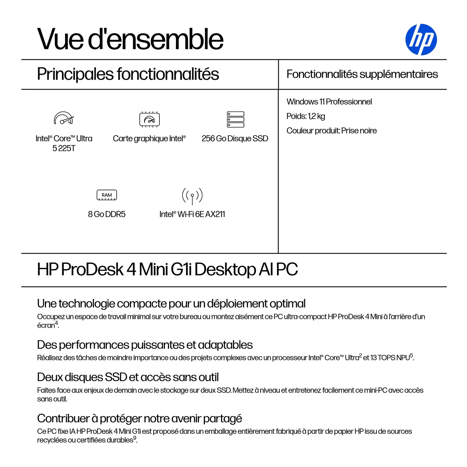 HP ProDesk 4 Mini G1i Intel Core Ultra 5 225T 8 Go DDR5-SDRAM 256 Go SSD Windows 11 Pro Mini PC AI PC Noir