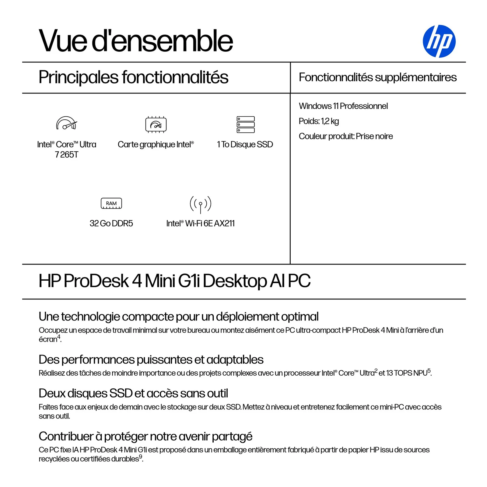 HP ProDesk 4 Mini G1i Intel Core Ultra 7 265T 32 Go DDR5-SDRAM 1 To SSD Windows 11 Pro Mini PC AI PC Noir