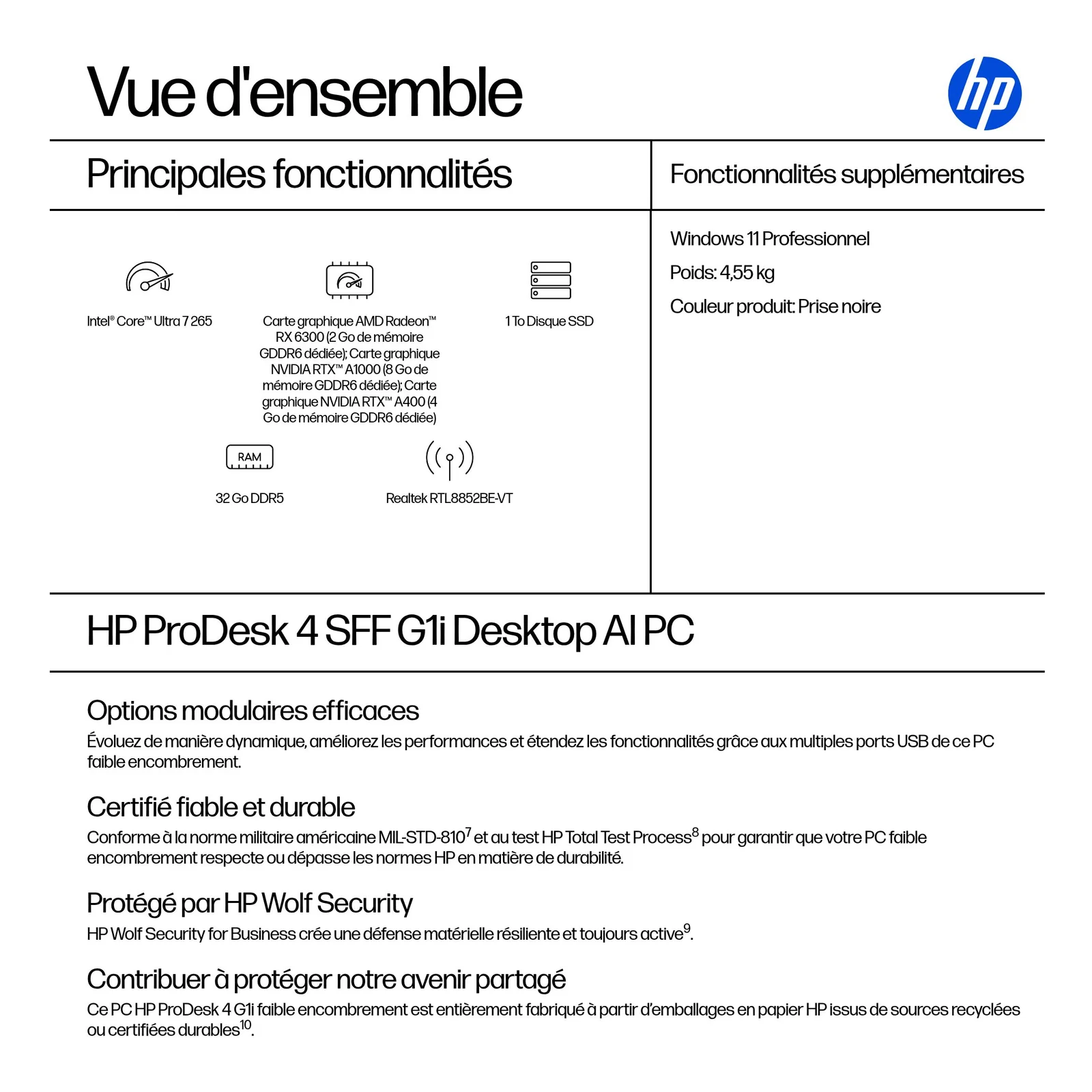 HP ProDesk 4 SFF G1i Desktop AI PC Intel Core Ultra 7 265 32 Go DDR5-SDRAM 1 To SSD Windows 11 Pro Noir