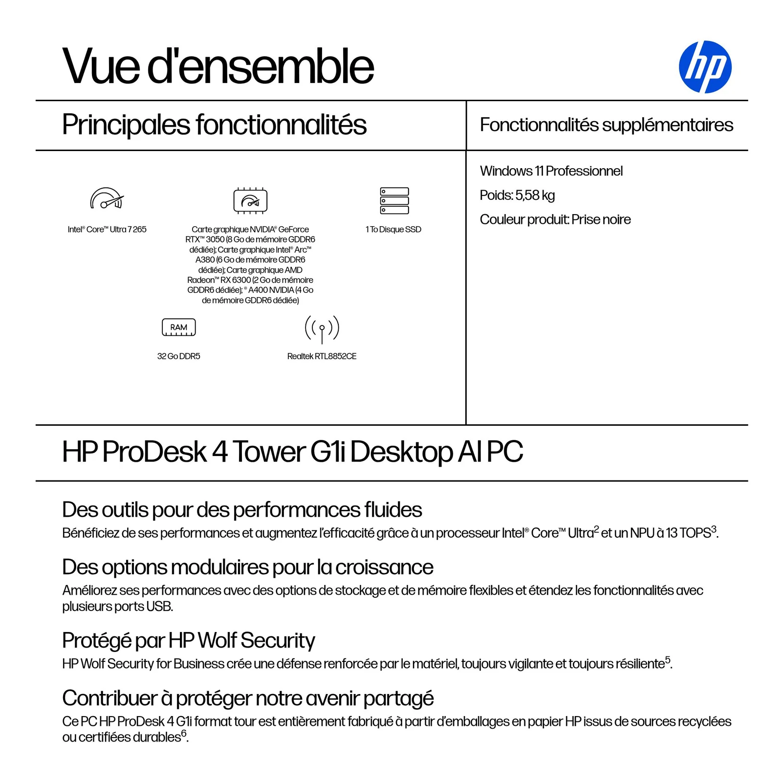 HP ProDesk 4 Tower G1i Desktop AI PC Intel Core Ultra 7 265 32 Go DDR5-SDRAM 1 To SSD Windows 11 Pro Noir