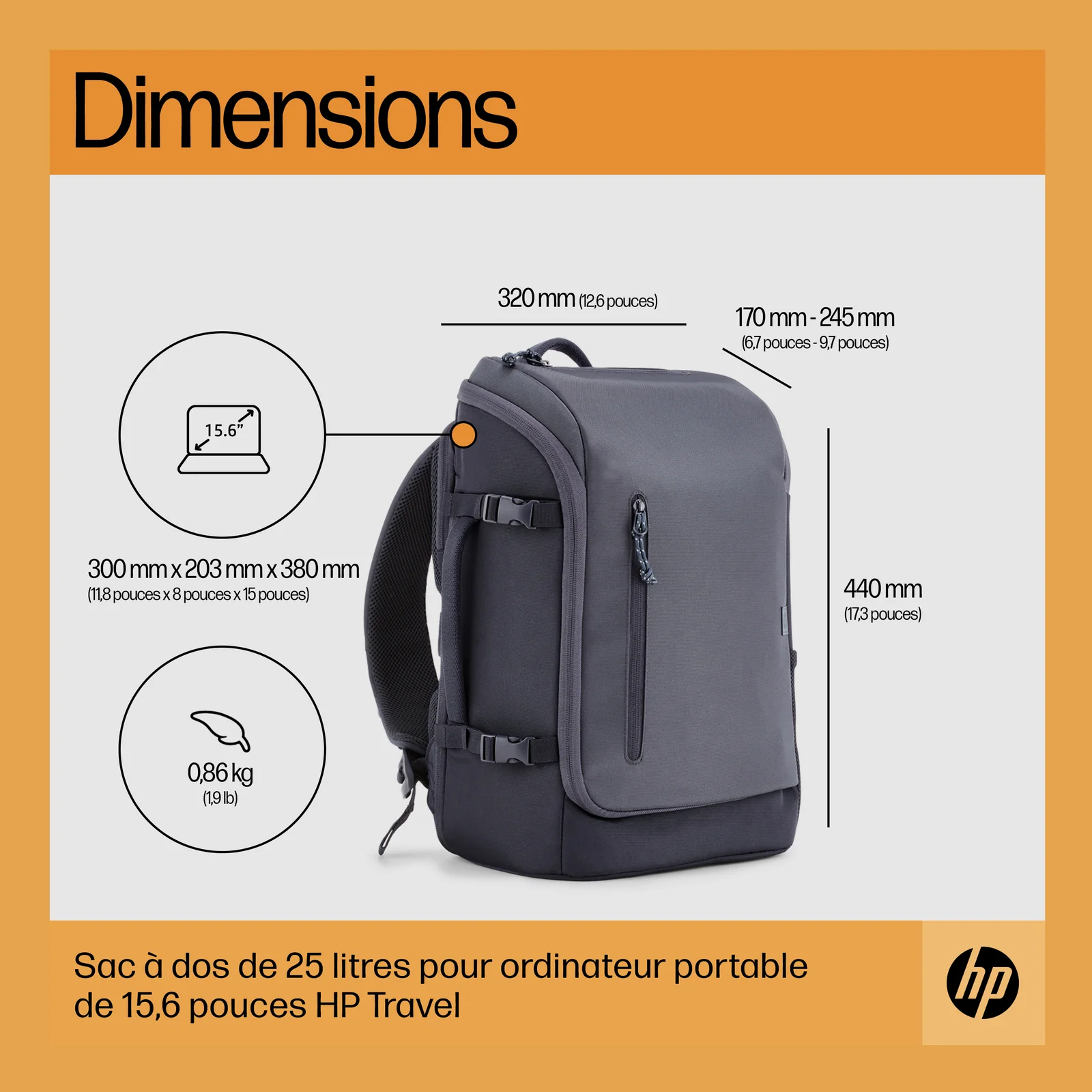 HP Sac à dos pour ordinateur portable Travel 25 litres 15,6 pouces (gris acier)