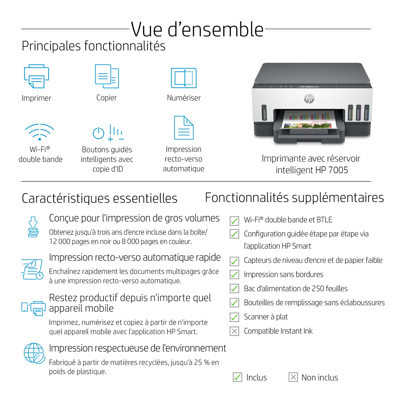 HP Smart Tank 7005 Sans fil All-in-One Couleur Imprimante, Impression recto-verso; copieur, scanner