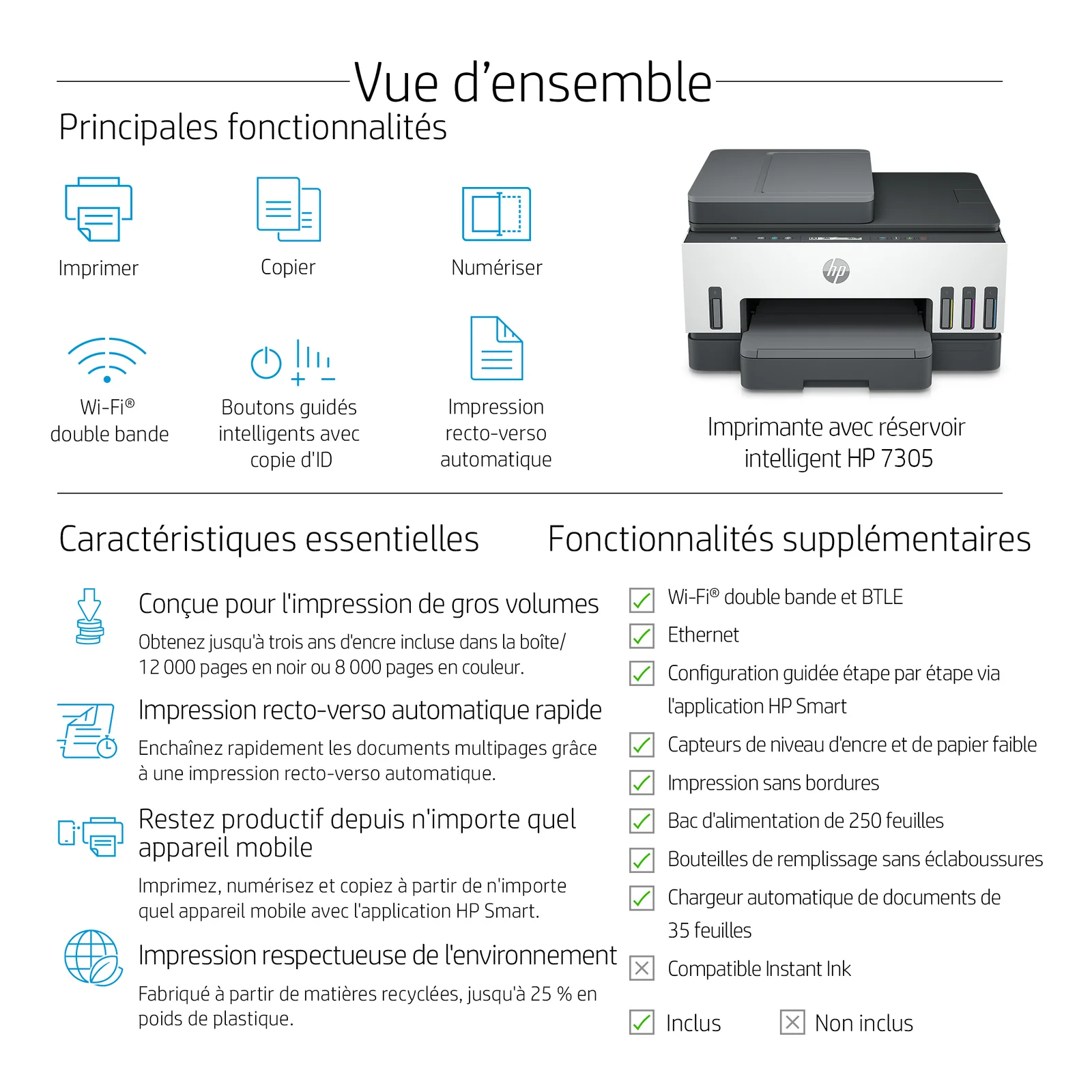 HP Smart Tank 7305 Sans fil All-in-One Couleur Imprimante, Impression recto-verso; copieur, scanner