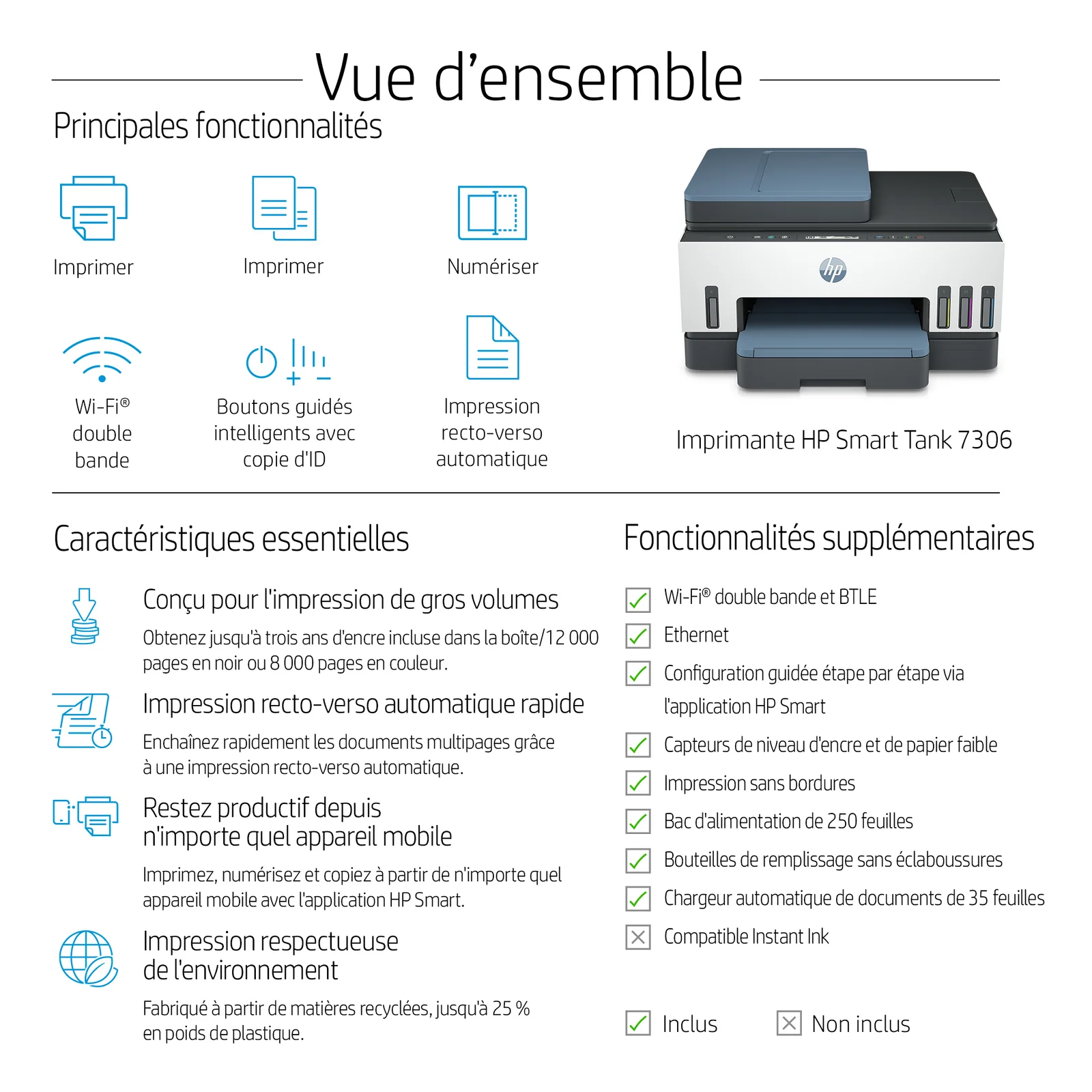 HP Smart Tank 7306 Sans fil All-in-One Couleur Imprimante, Impression recto-verso; copieur, scanner