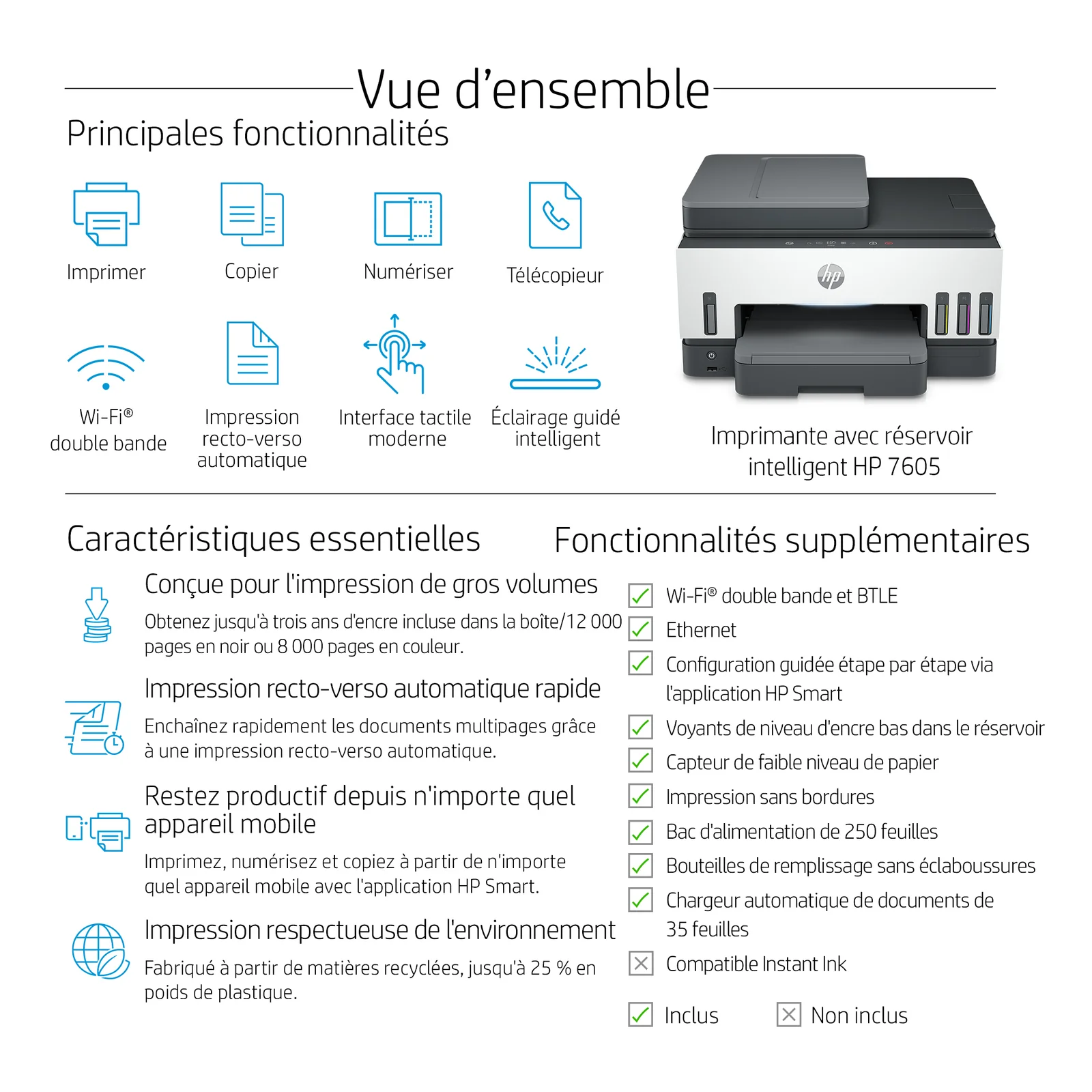 HP Smart Tank 7605 Sans fil All-in-One Couleur Imprimante, Impression recto-verso; copieur, scanner