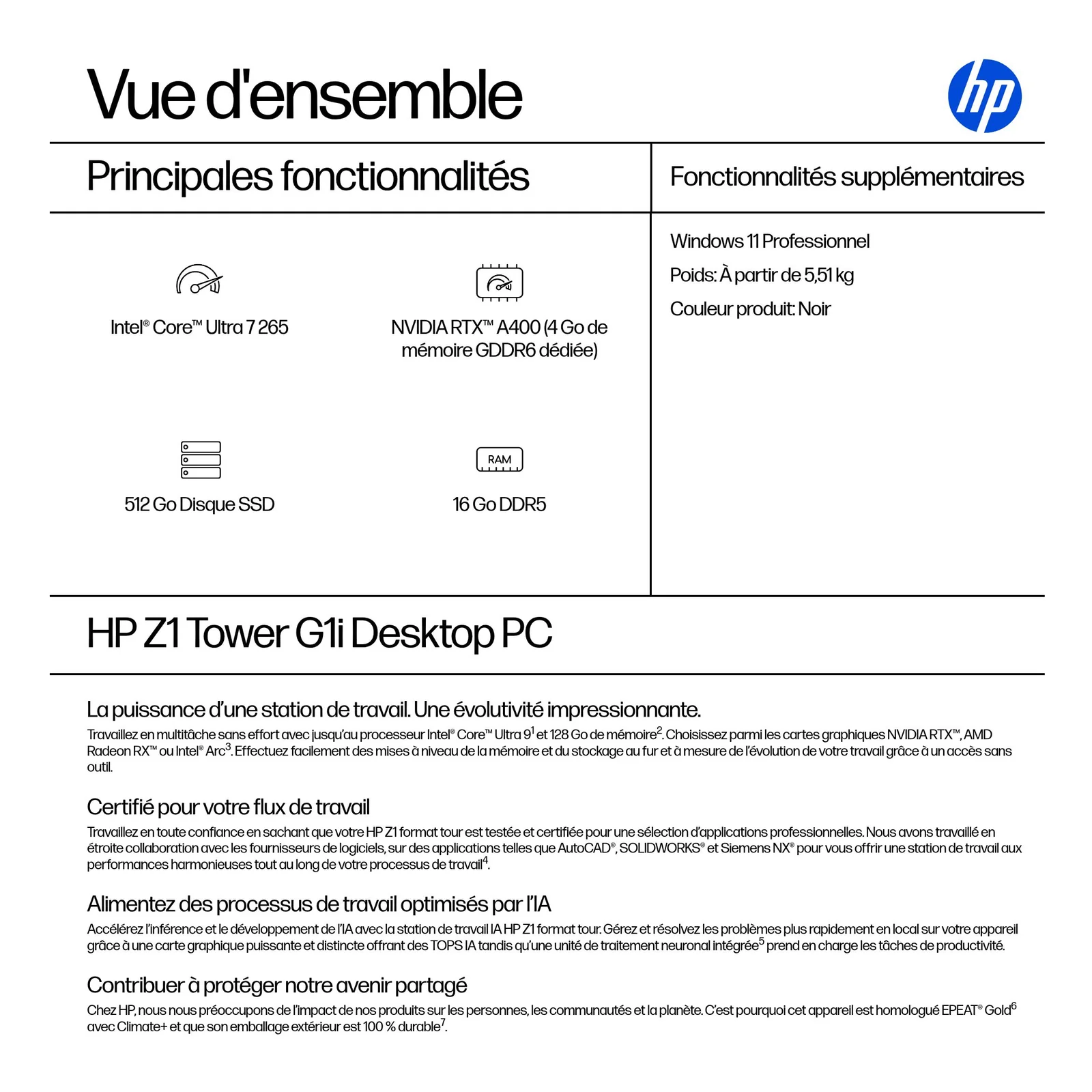 HP Z1 Tower G1i Intel Core Ultra 7 265 16 Go DDR5-SDRAM 512 Go SSD NVIDIA RTX A400 Windows 11 Pro Station de travail AI Workstation, AI PC Noir