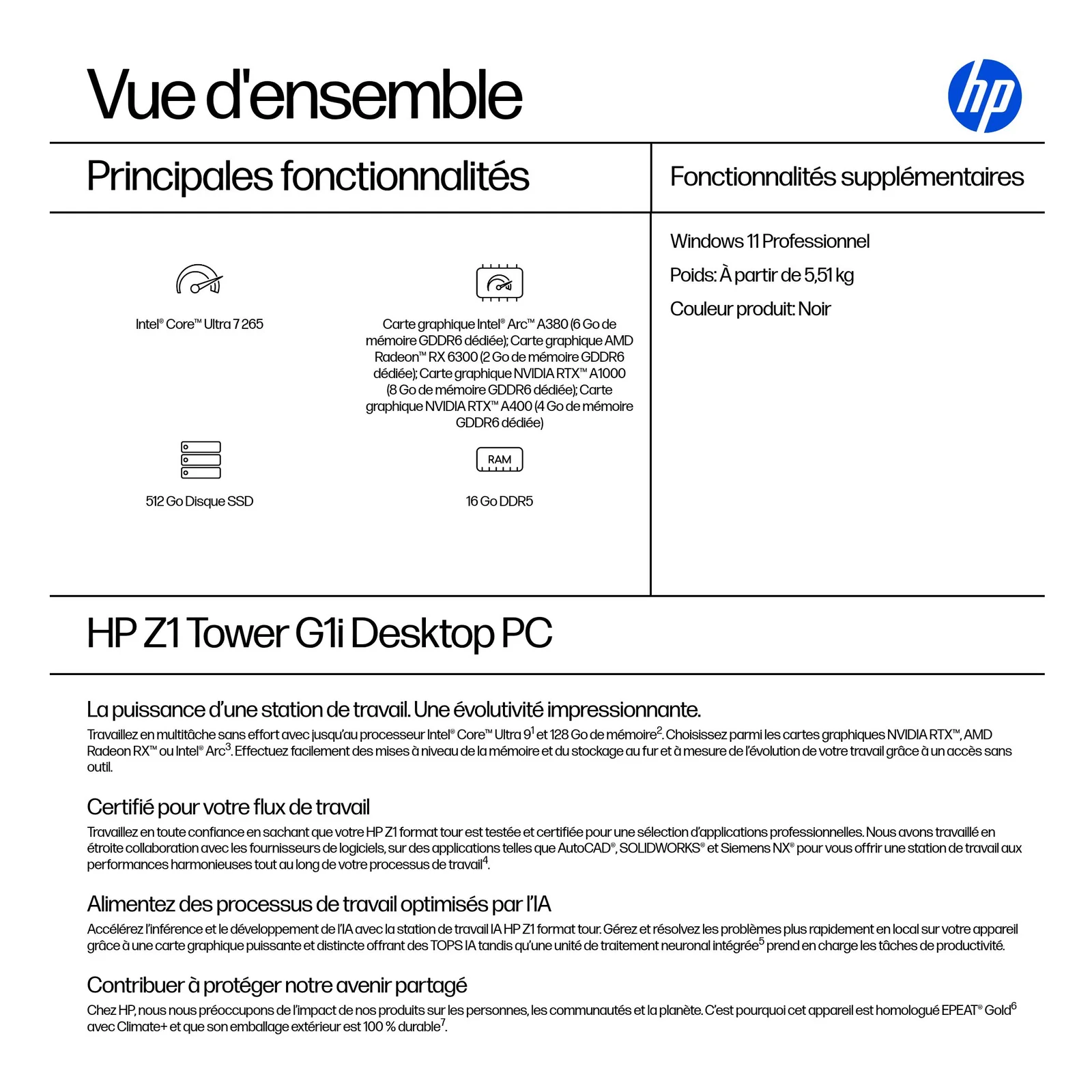 HP Z1 Tower G1i Intel Core Ultra 7 265 16 Go DDR5-SDRAM 512 Go SSD Windows 11 Pro Station de travail AI Workstation, AI PC Noir