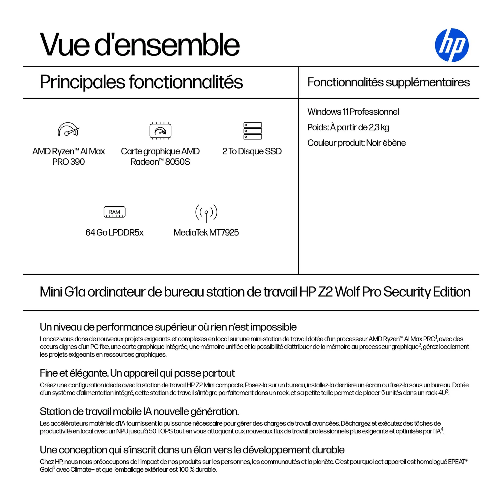HP Z2 G1a Wolf Pro Security Edition Copilot+ PC AMD Ryzen AI Max PRO 390 64 Go LPDDR5x-SDRAM 2 To SSD Windows 11 Pro Mini PC Station de travail AI Workstation, AI PC Noir