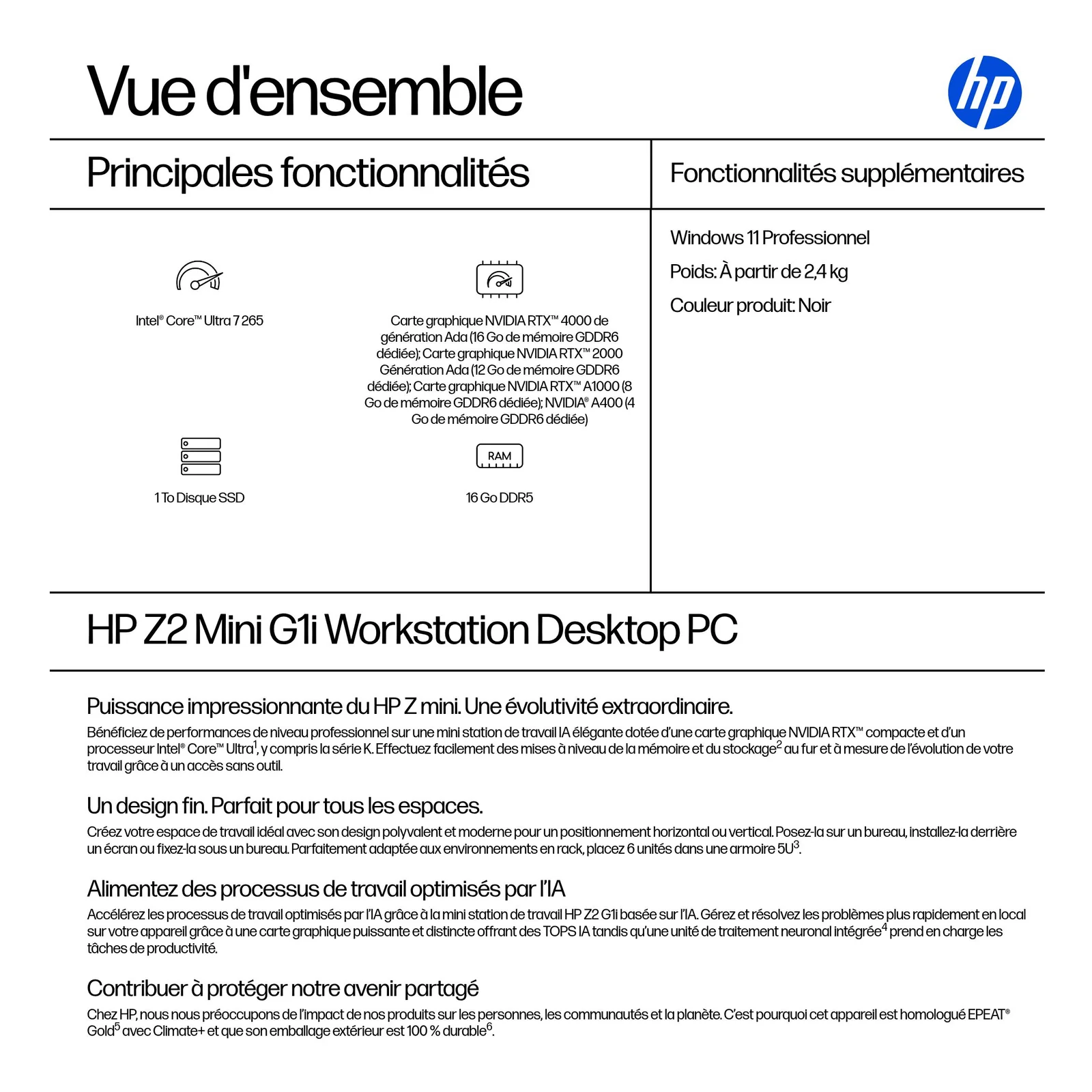 HP Z2 G1i Intel Core Ultra 7 265 16 Go DDR5-SDRAM 1 To SSD Windows 11 Pro Mini PC Station de travail AI Workstation, AI PC Noir