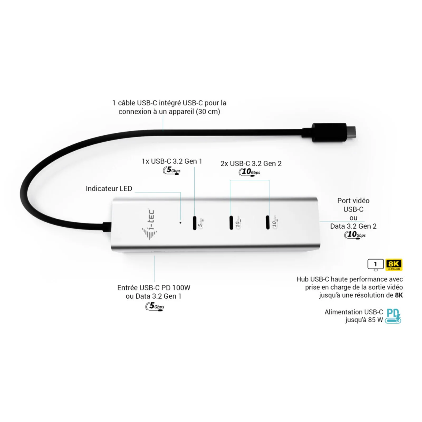 i-tec Metal USB-C Charging HUB 5port with USB-C video 8K + Power Delivery 85W