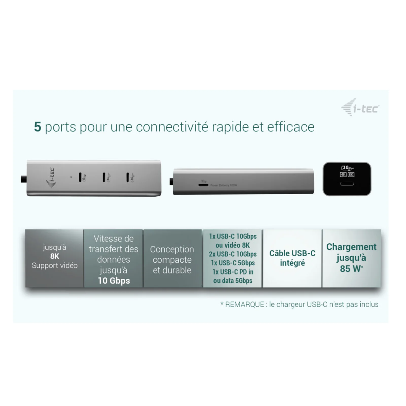i-tec Metal USB-C Charging HUB 5port with USB-C video 8K + Power Delivery 85W