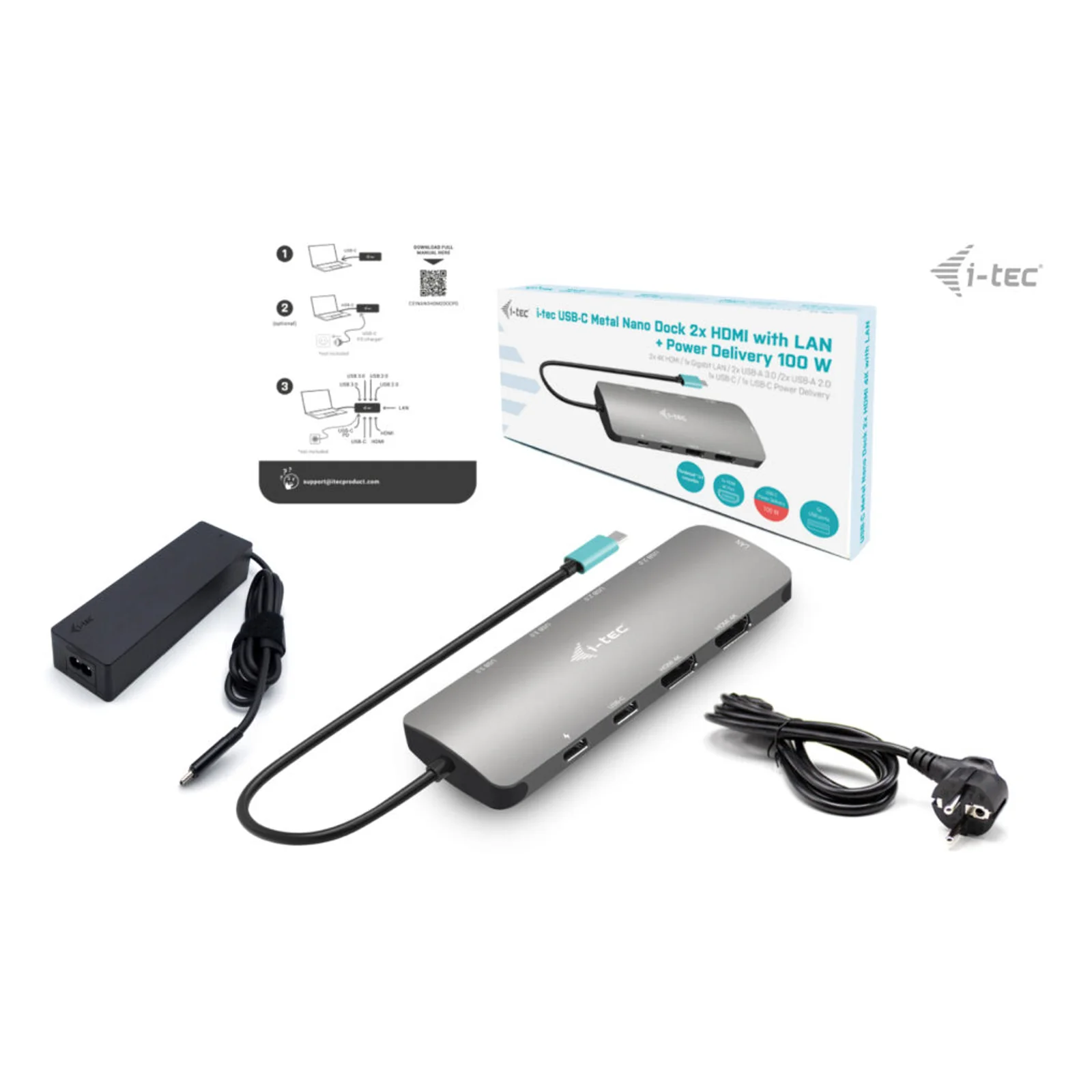 i-tec Metal USB-C Nano 2x Display Docking Station with PD 100 W + Charger 100W