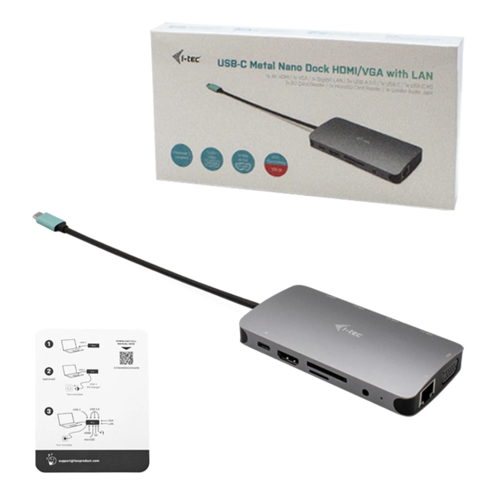 i-tec Metal USB-C Nano Dock HDMI/VGA with LAN + Charger 100W