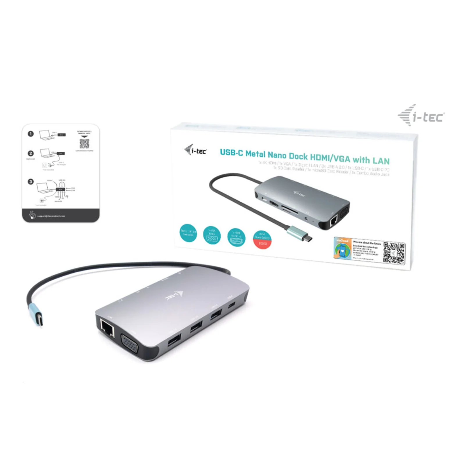 i-tec Metal USB-C Travel Nano Dock HDMI/VGA with LAN + Power Delivery 100 W