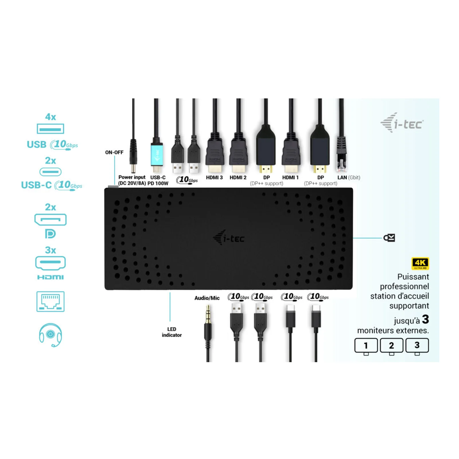 i-tec USB 3.0 / USB-C / Thunderbolt, 3x 4K Docking Station Gen 2 + Power Delivery 100W