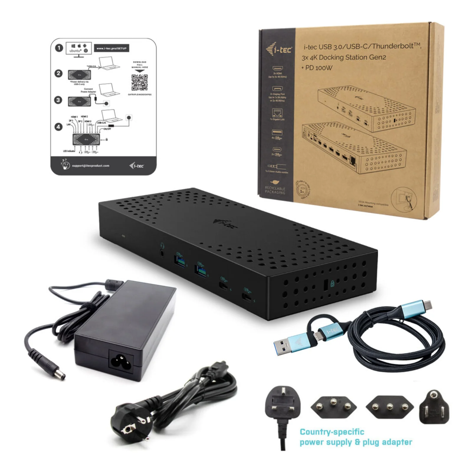 i-tec USB 3.0 / USB-C / Thunderbolt, 3x 4K Docking Station Gen 2 + Power Delivery 100W