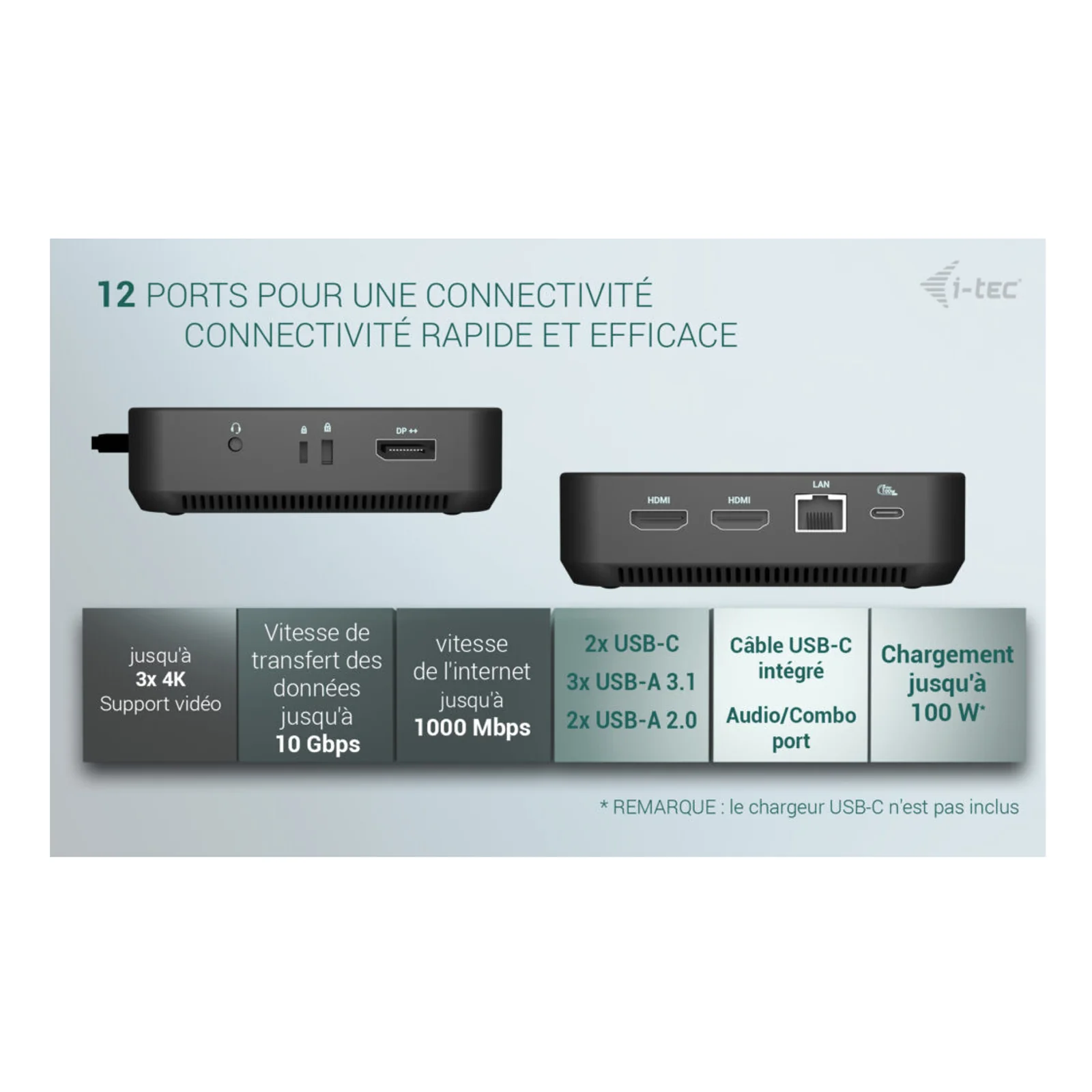 i-tec USB-C DP Dual HDMI Docking Station with Power Delivery 100 W Avec fil USB 3.2 Gen 2 (3.1 Gen 2) Type-C Noir