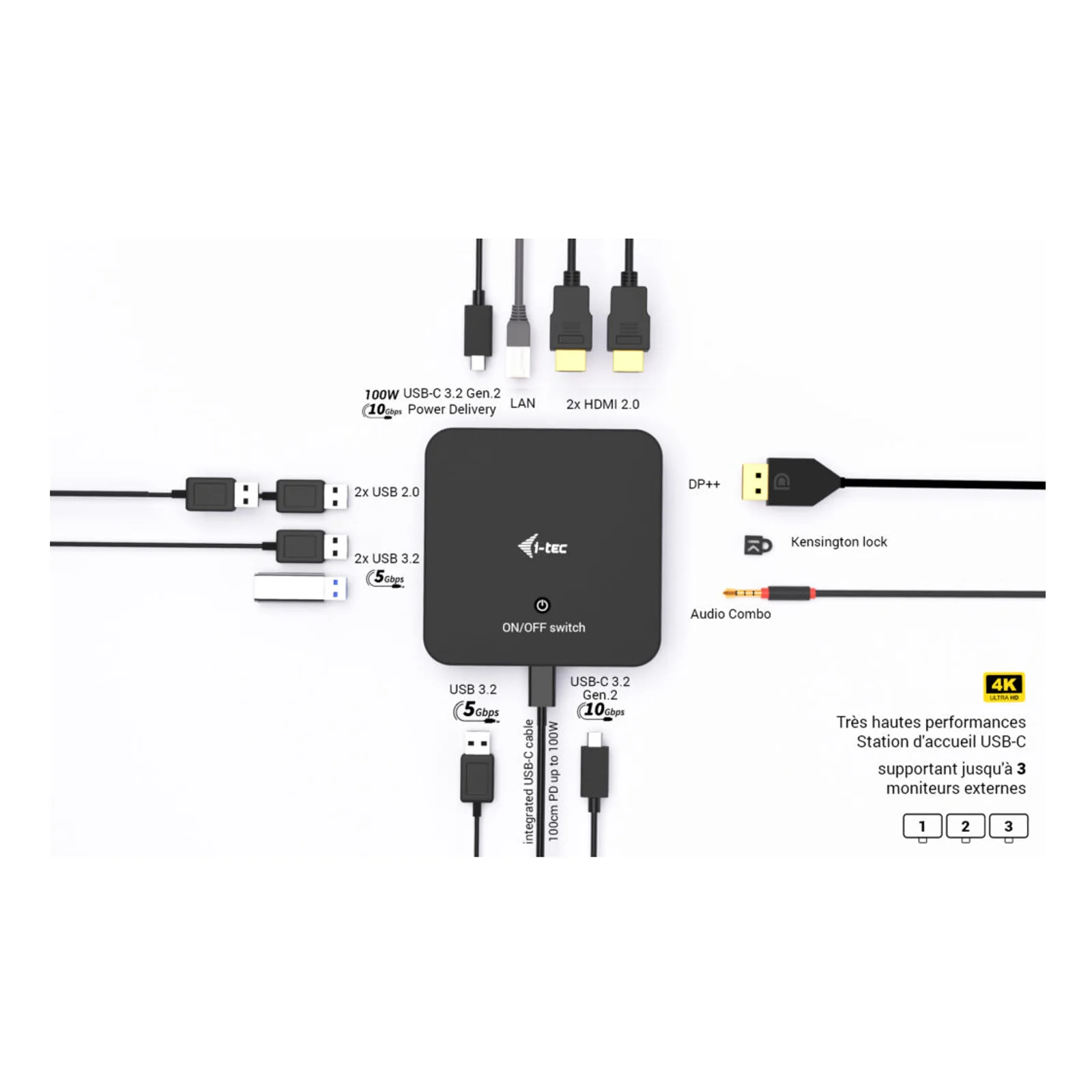i-tec USB-C DP Dual HDMI Docking Station with Power Delivery 100 W + Universal Charger 100W Avec fil USB 3.2 Gen 2 (3.1 Gen 2) Type-C Noir