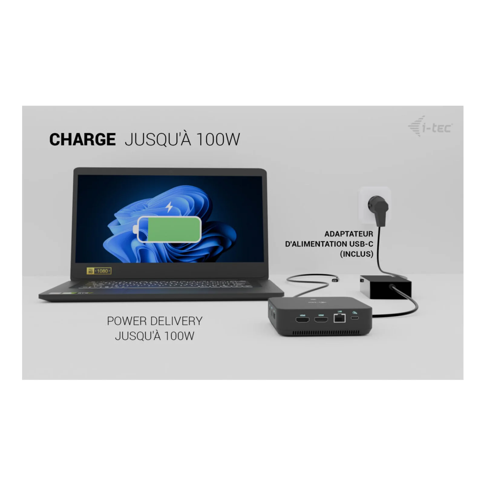 i-tec USB-C DP Dual HDMI Docking Station with Power Delivery 100 W + Universal Charger 100W Avec fil USB 3.2 Gen 2 (3.1 Gen 2) Type-C Noir