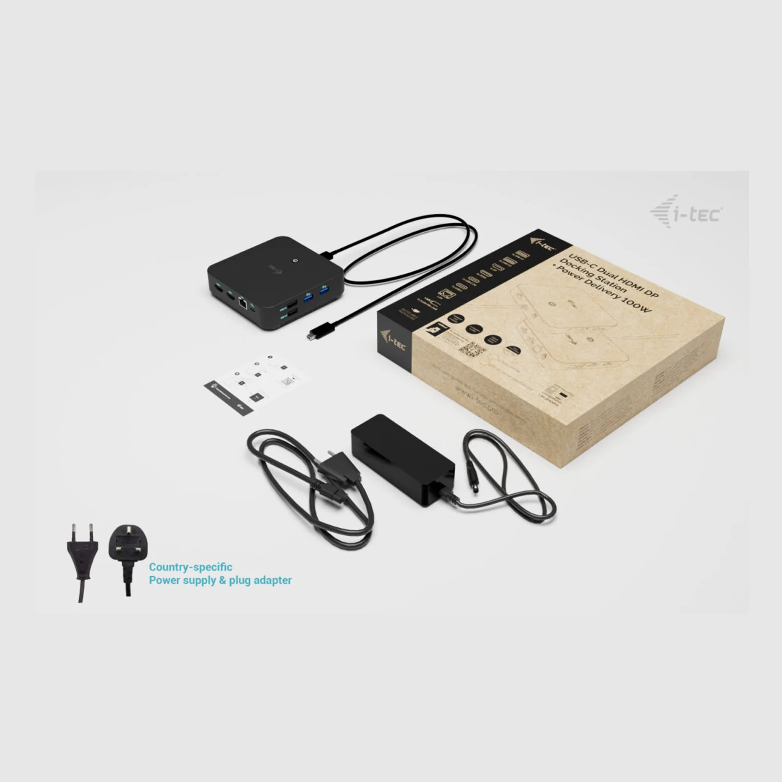 i-tec USB-C DP Dual HDMI Docking Station with Power Delivery 100 W + Universal Charger 100W Avec fil USB 3.2 Gen 2 (3.1 Gen 2) Type-C Noir