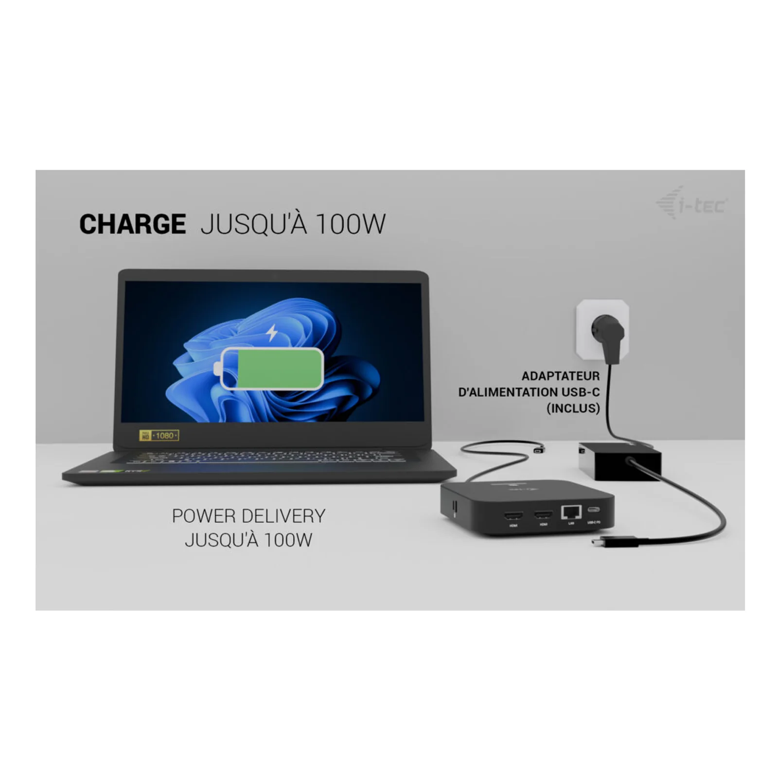 i-tec USB-C Dual HDMI Docking Station with Power Delivery 100 W + Universal Charger 100W Avec fil USB 3.2 Gen 2 (3.1 Gen 2) Type-C Noir