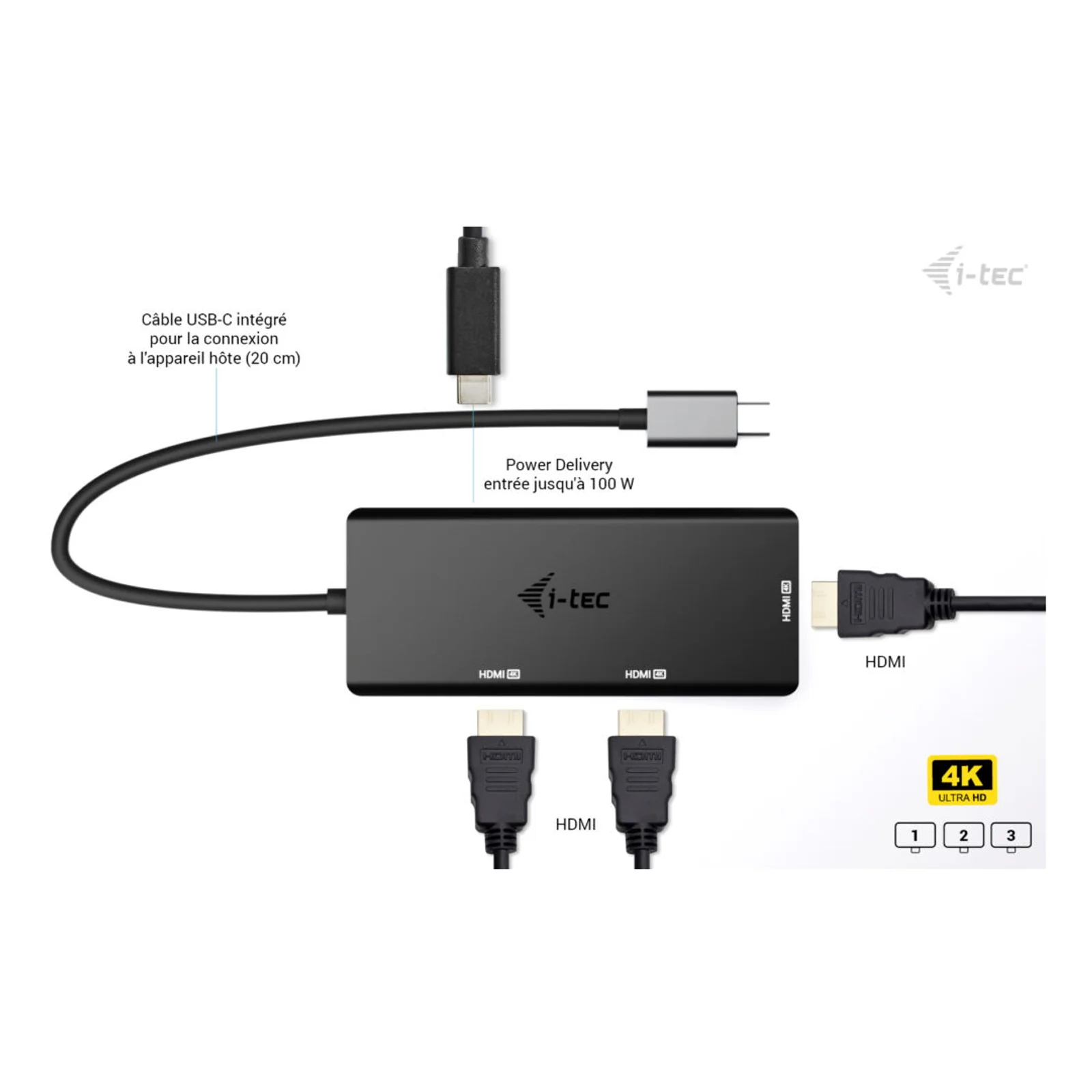 i-tec USB-C Triple 4K HDMI Video Adapter, Power Delivery 100W