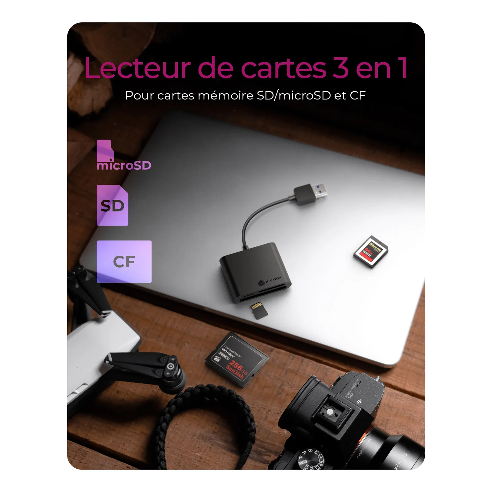 ICY BOX IB-CR301-U3 lecteur de carte mémoire USB 3.2 Gen 1 (3.1 Gen 1) Noir