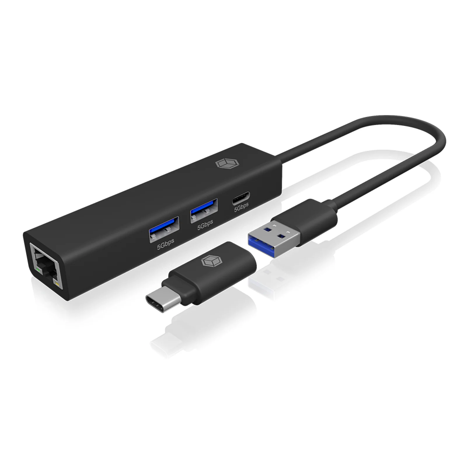 ICY BOX IB-HUB1439-LAN Avec fil USB 3.2 Gen 1 (3.1 Gen 1) Type-A Noir