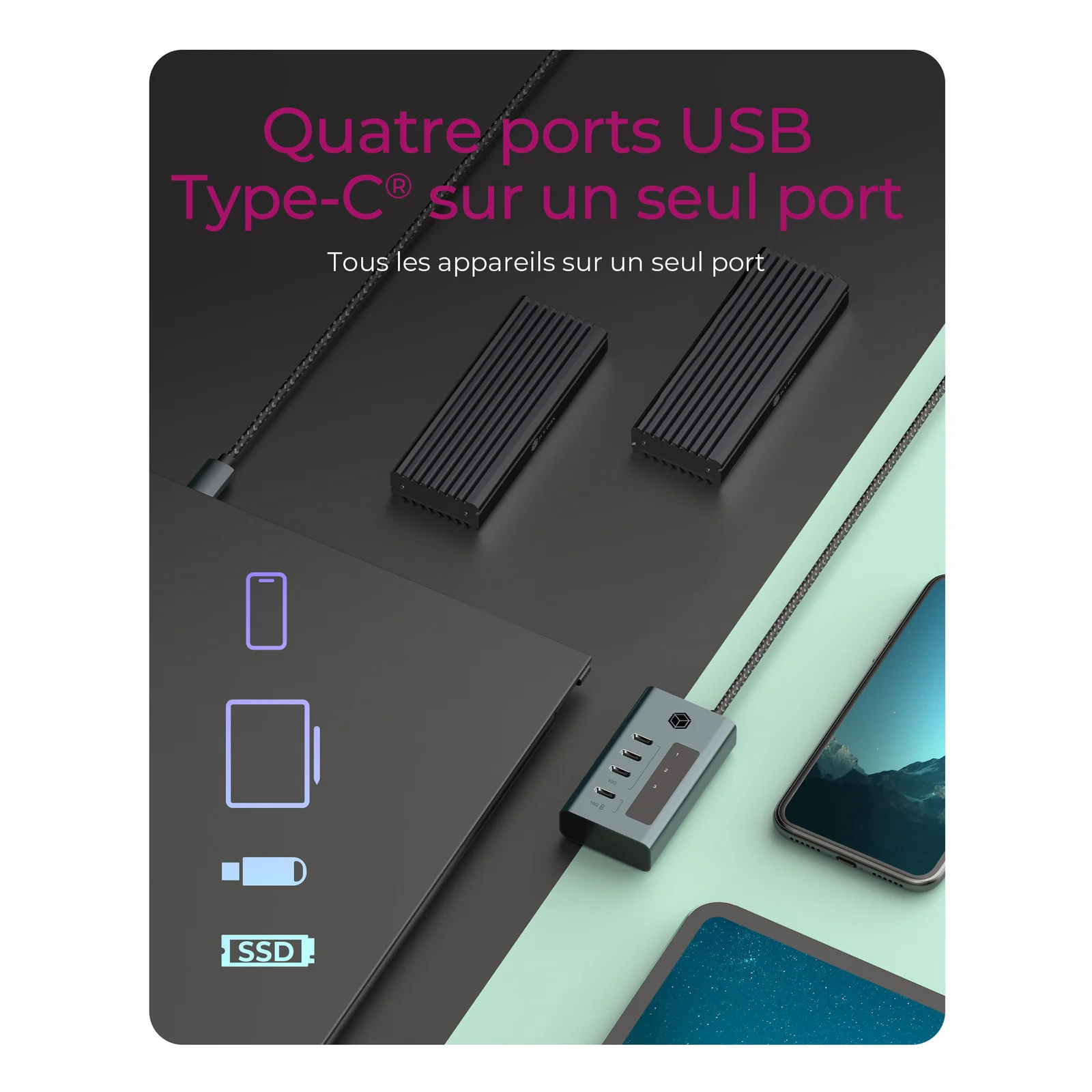 ICY BOX IB-HUB1454-C31 USB 3.2 Gen 1 (3.1 Gen 1) Type-C 10000 Mbit/s Bleu, Gris