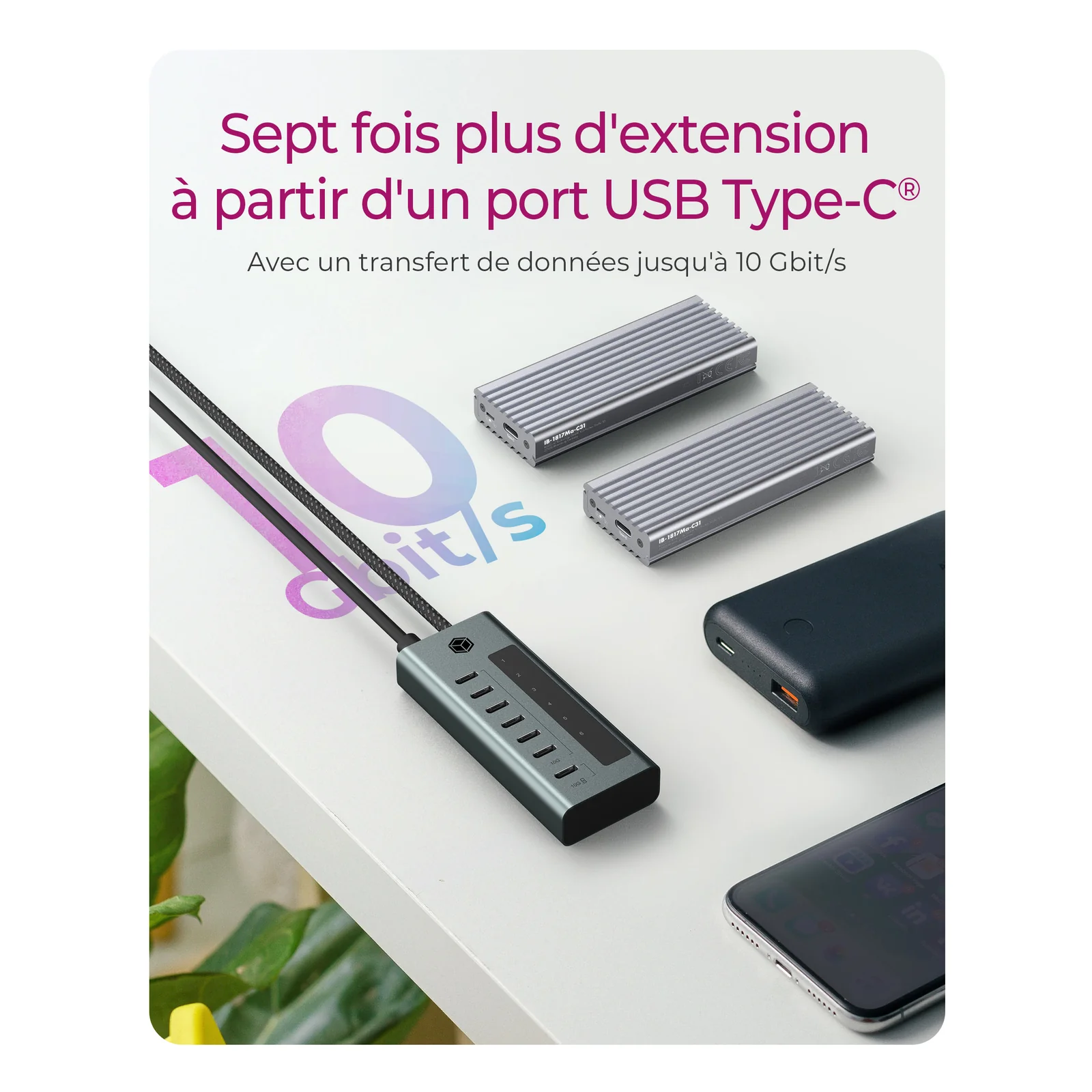 ICY BOX IB-HUB1457-C31 USB 3.2 Gen 1 (3.1 Gen 1) Type-C 10000 Mbit/s Bleu, Gris