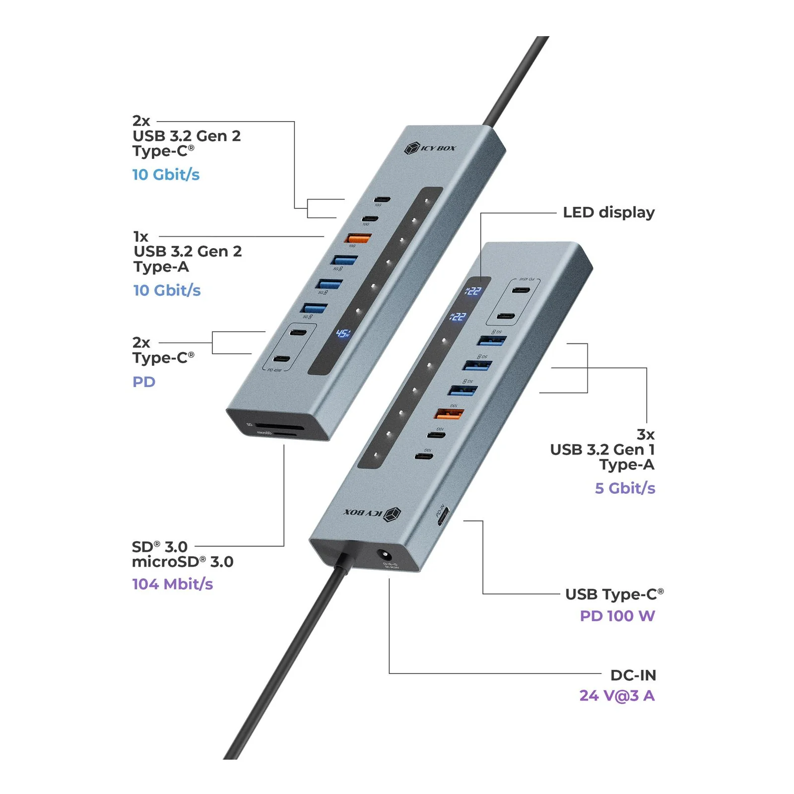 ICY BOX IB-HUB1742CR-C2PD USB 3.2 Gen 2 (3.1 Gen 2) Type-A + Type-C 10000 Mbit/s Noir