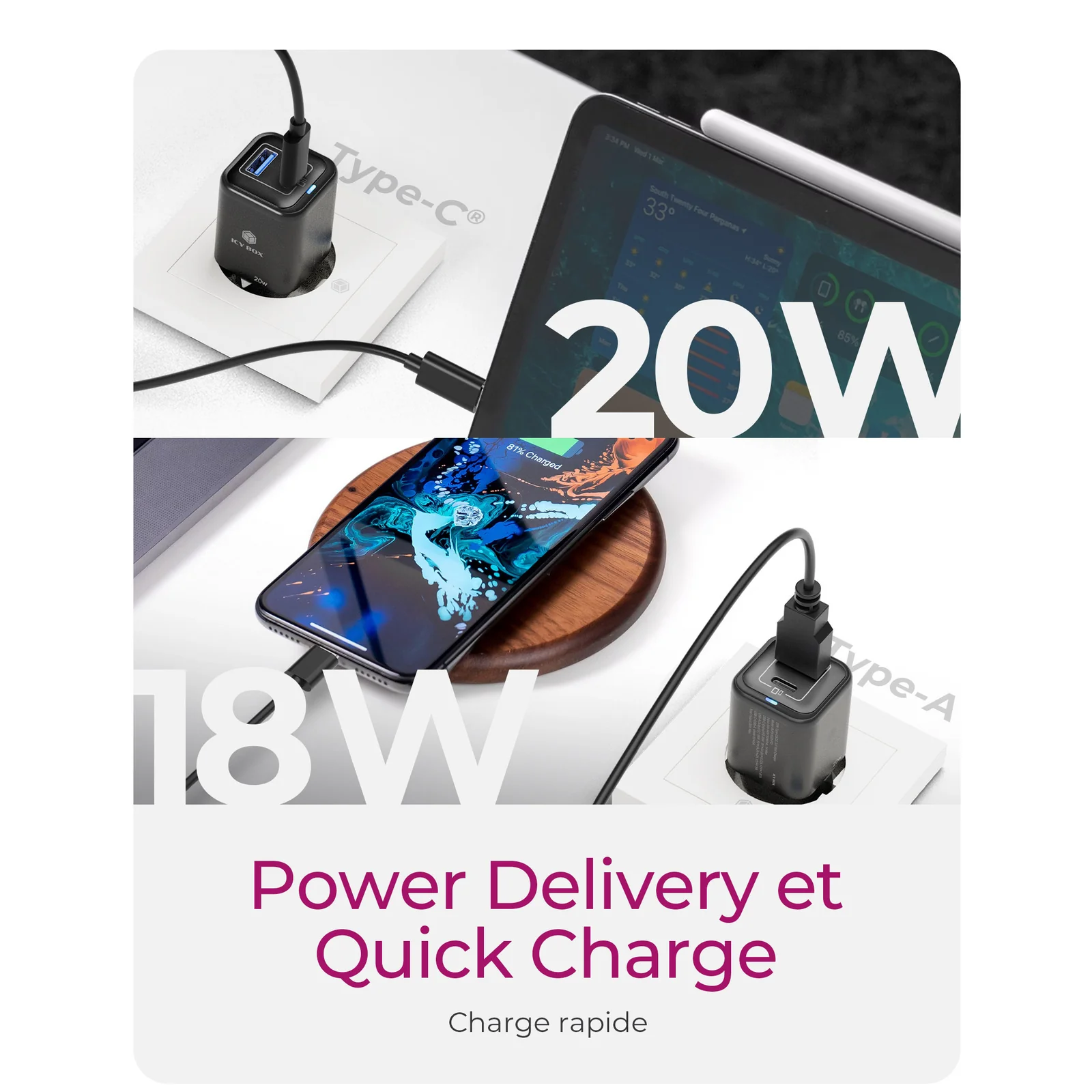 ICY BOX IB-PS1020-PD Universel Noir Secteur Charge rapide Intérieure