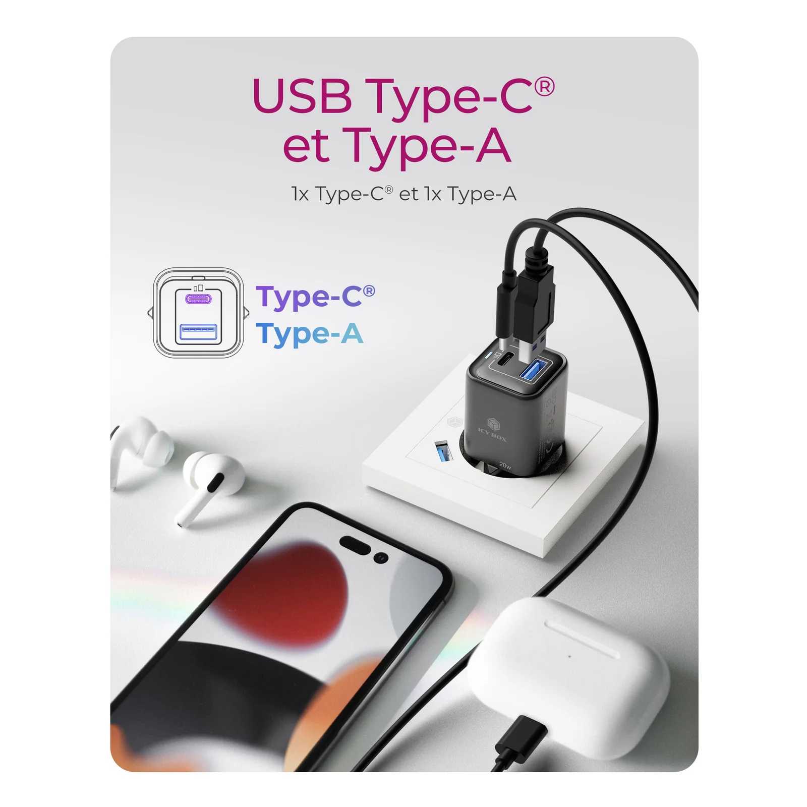 ICY BOX IB-PS1020-PD Universel Noir Secteur Charge rapide Intérieure