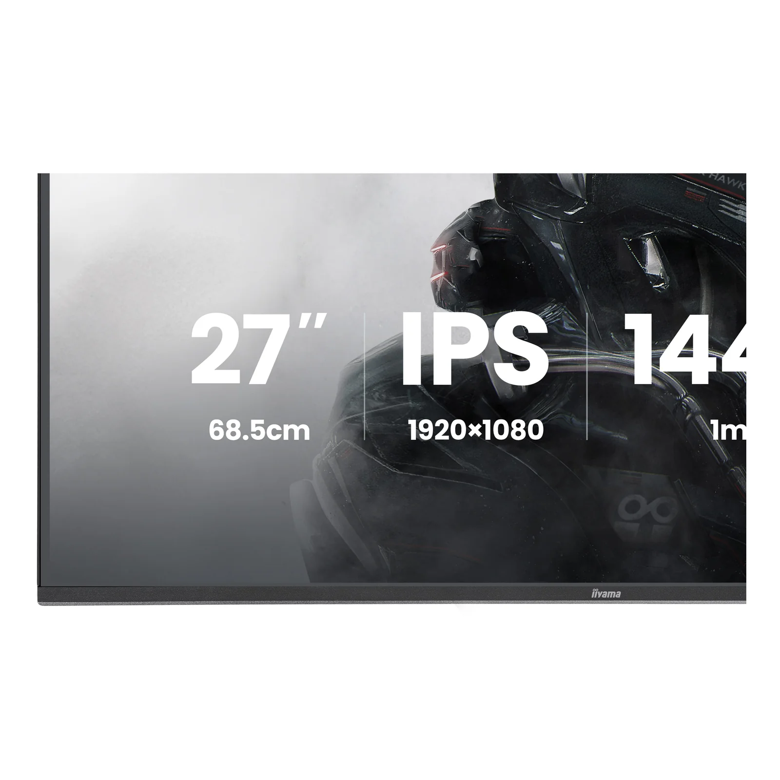 Gros plan centre de l'écran G-MASTER GB2741HSU-B1 montrant les callouts 27 pouces IPS 144 Hz 68,5 cm et 1920x1080