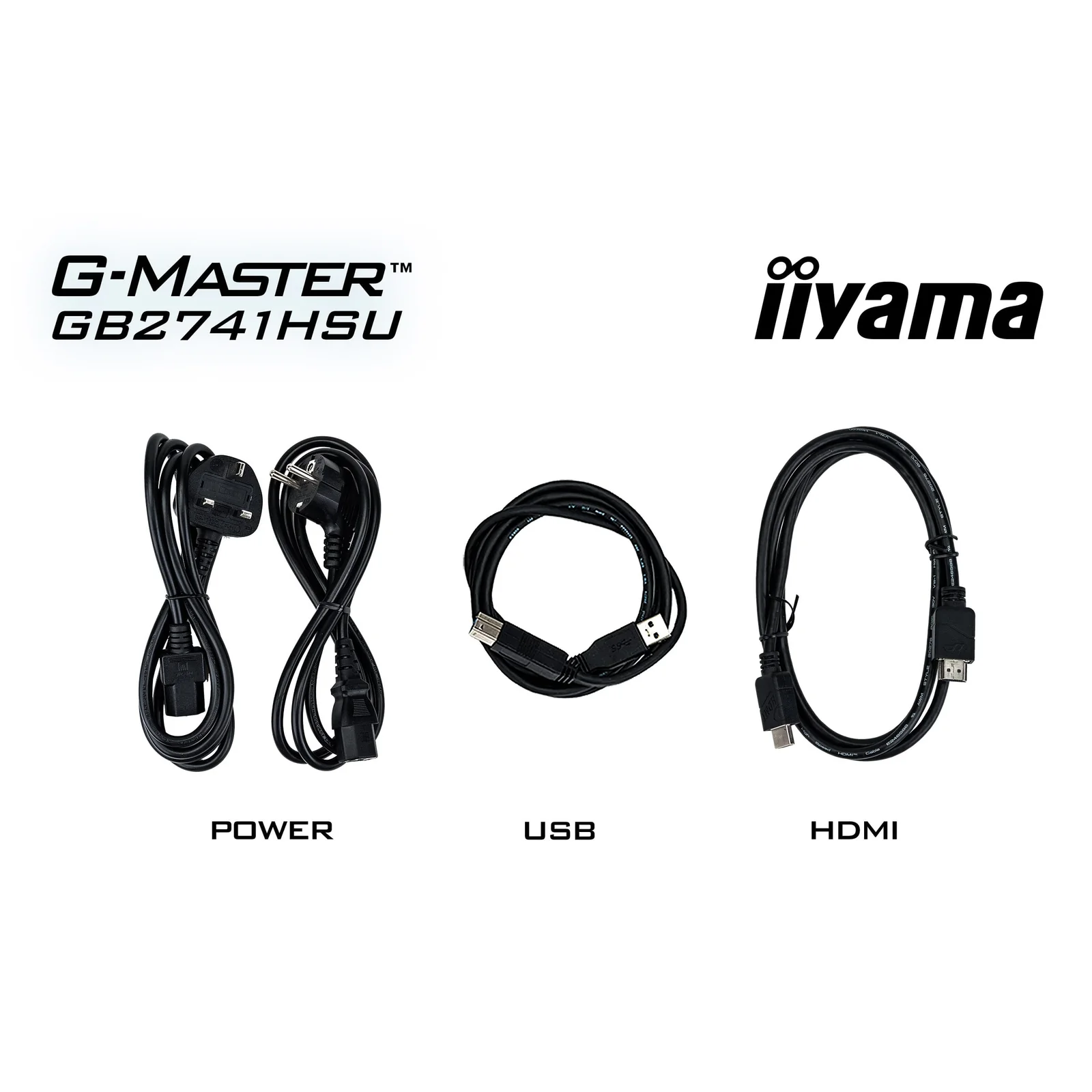Contenu de la boîte du G-MASTER GB2741HSU-B1, câbles d'alimentation, câble USB et câble HDMI