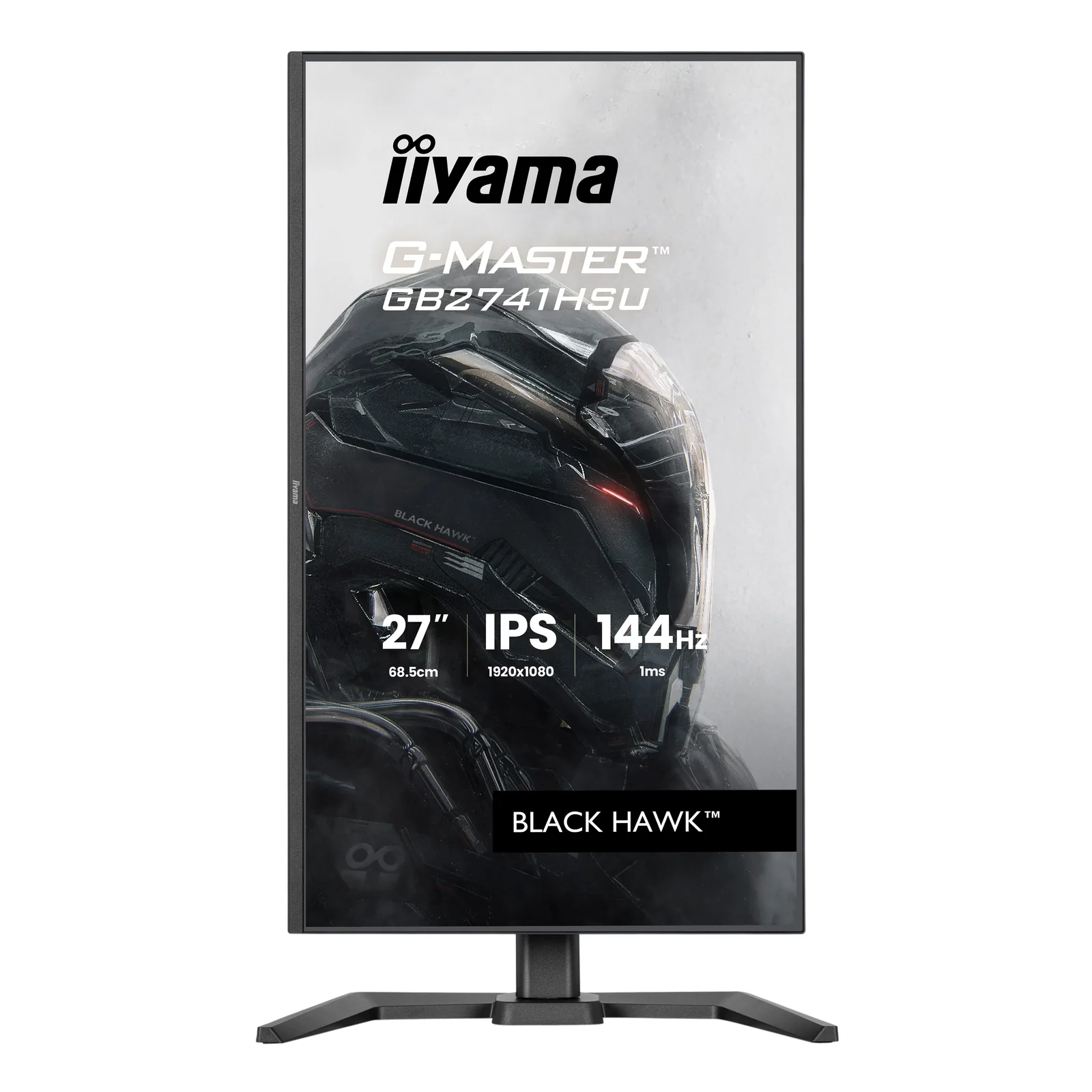 G-MASTER GB2741HSU-B1 en mode portrait, affichage 27 pouces IPS 144 Hz 1 ms et logo BLACK HAWK