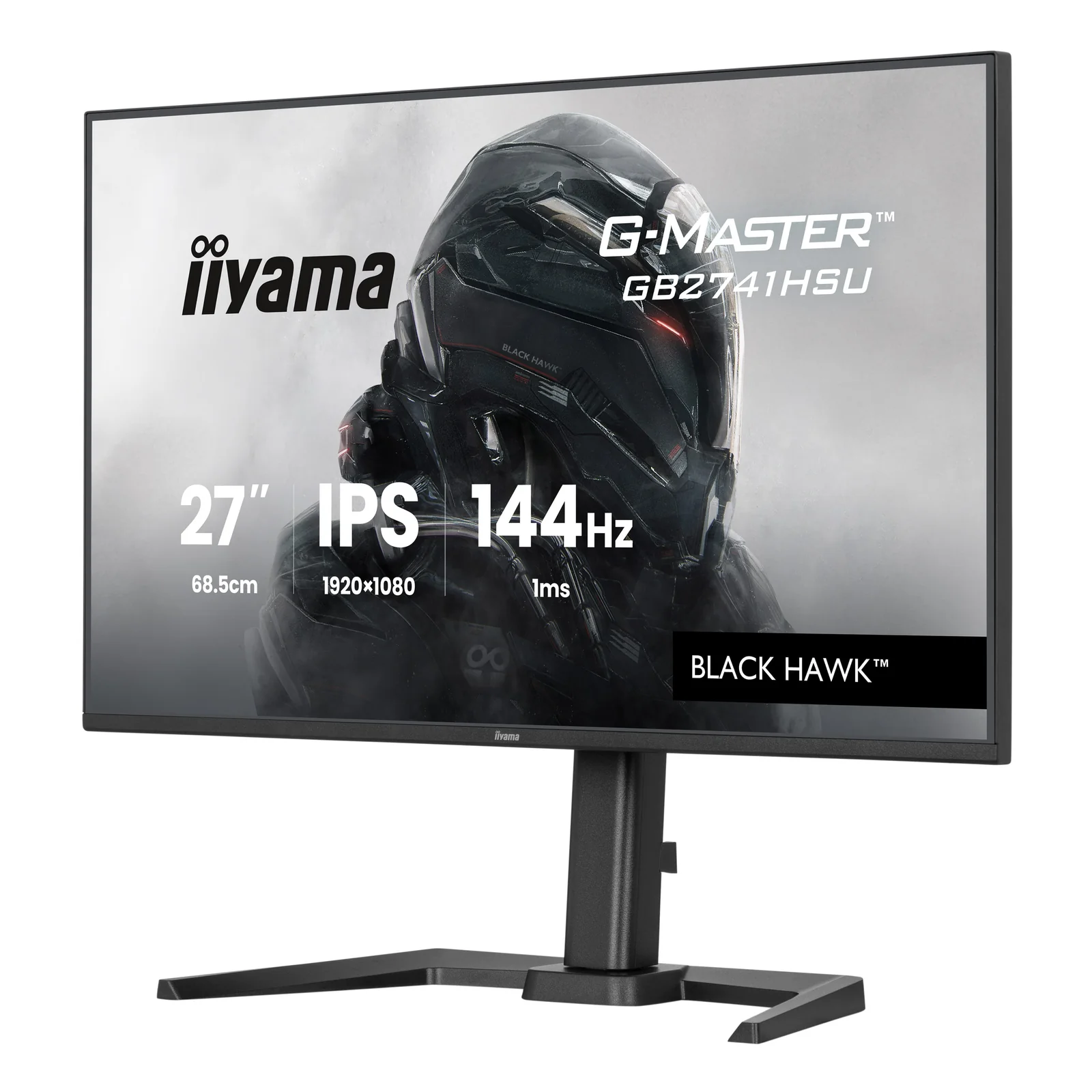 Vue trois quarts droit du G-MASTER GB2741HSU-B1 noir, dalle 27 pouces avec visuel Black Hawk et spécifications