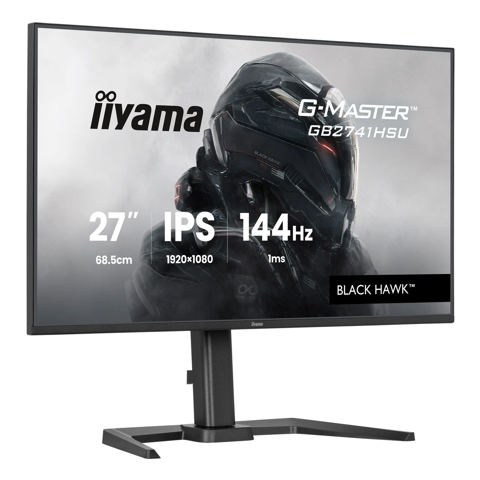 G-MASTER GB2741HSU-B1 noir de trois quarts droit, callouts 27 pouces IPS 144 Hz et pied réglable visible