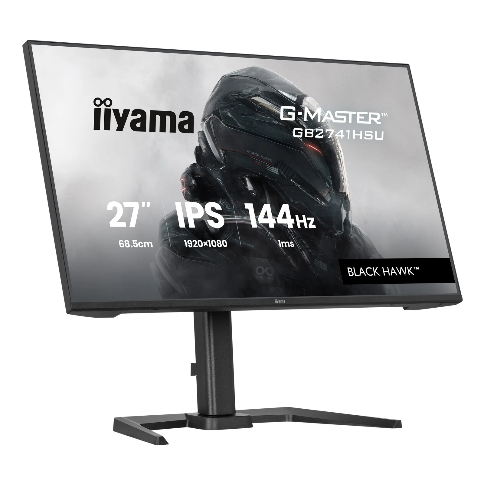 Vue trois quarts gauche du G-MASTER GB2741HSU-B1 noir, pied réglable en hauteur levé, dalle 27 pouces