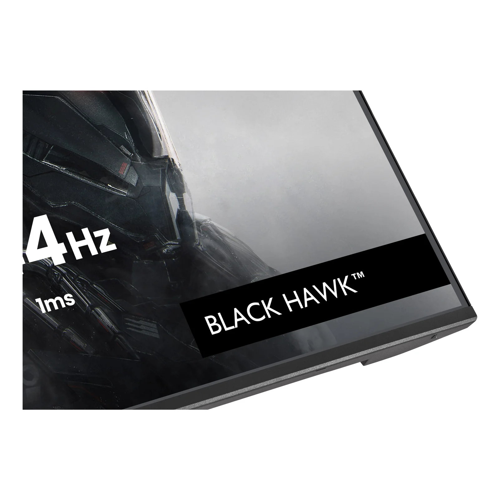 Gros plan supérieur gauche de l'écran G-MASTER GB2741HSU-B1, logo iiyama et personnage Black Hawk en arrière-plan