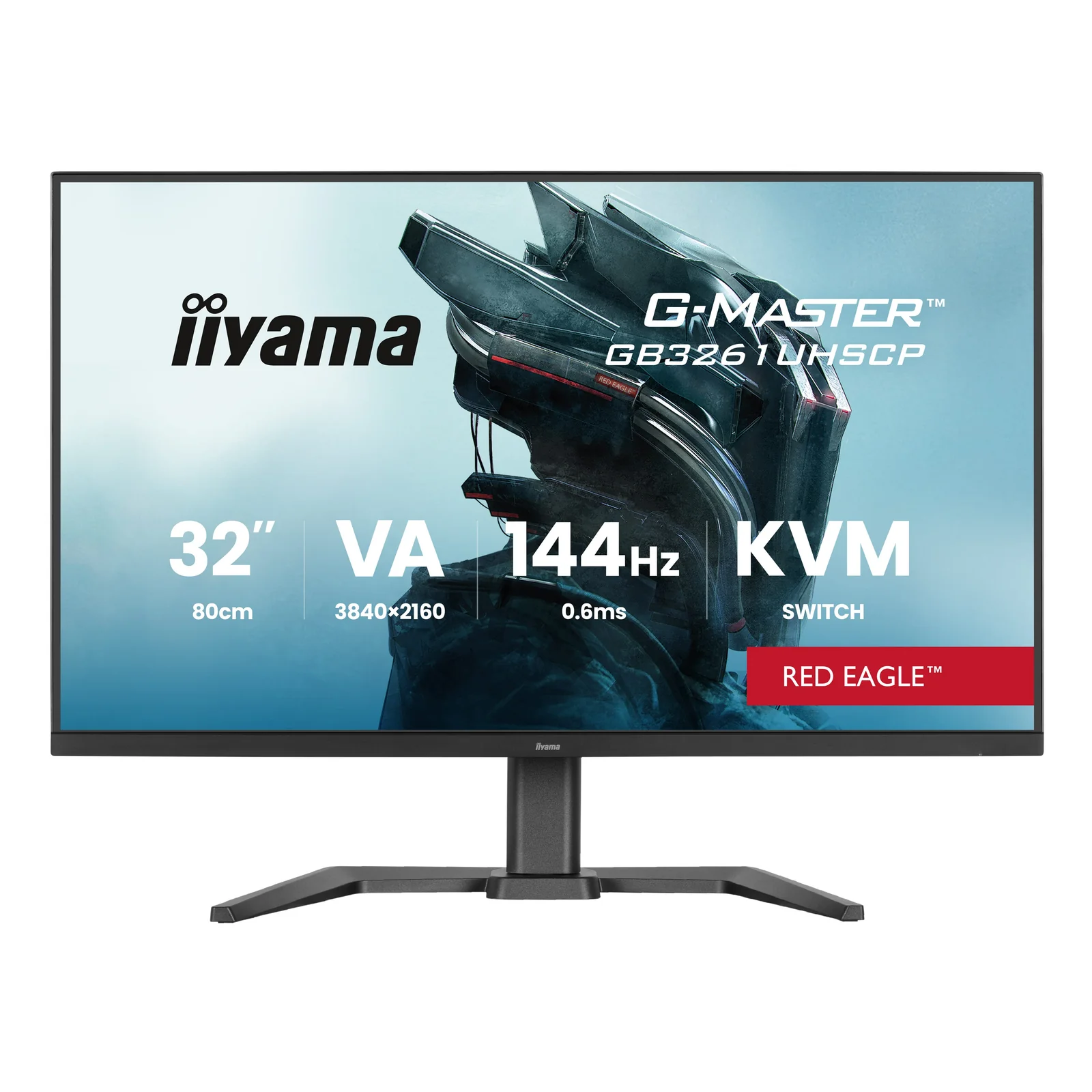 Iiyama G-MASTER GB3261UHSCP-B1 de face, écran affichant 32 pouces VA 144 Hz KVM Switch et badge Red Eagle